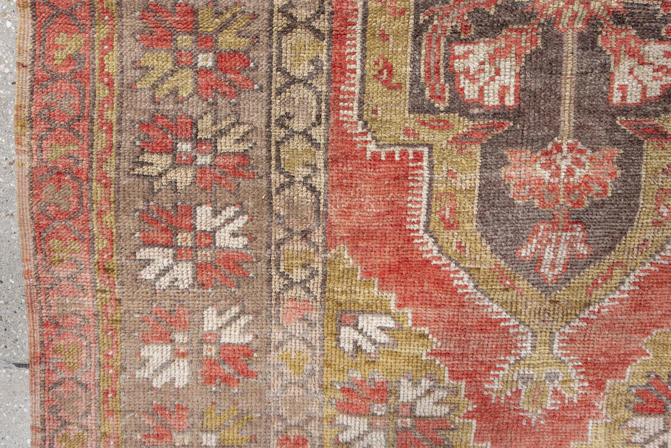 3' x 4' one-of-a-kind handmade antique Anatolian small size rug. Color palette: taupe, rust, ivory, camel, gold, charcoal