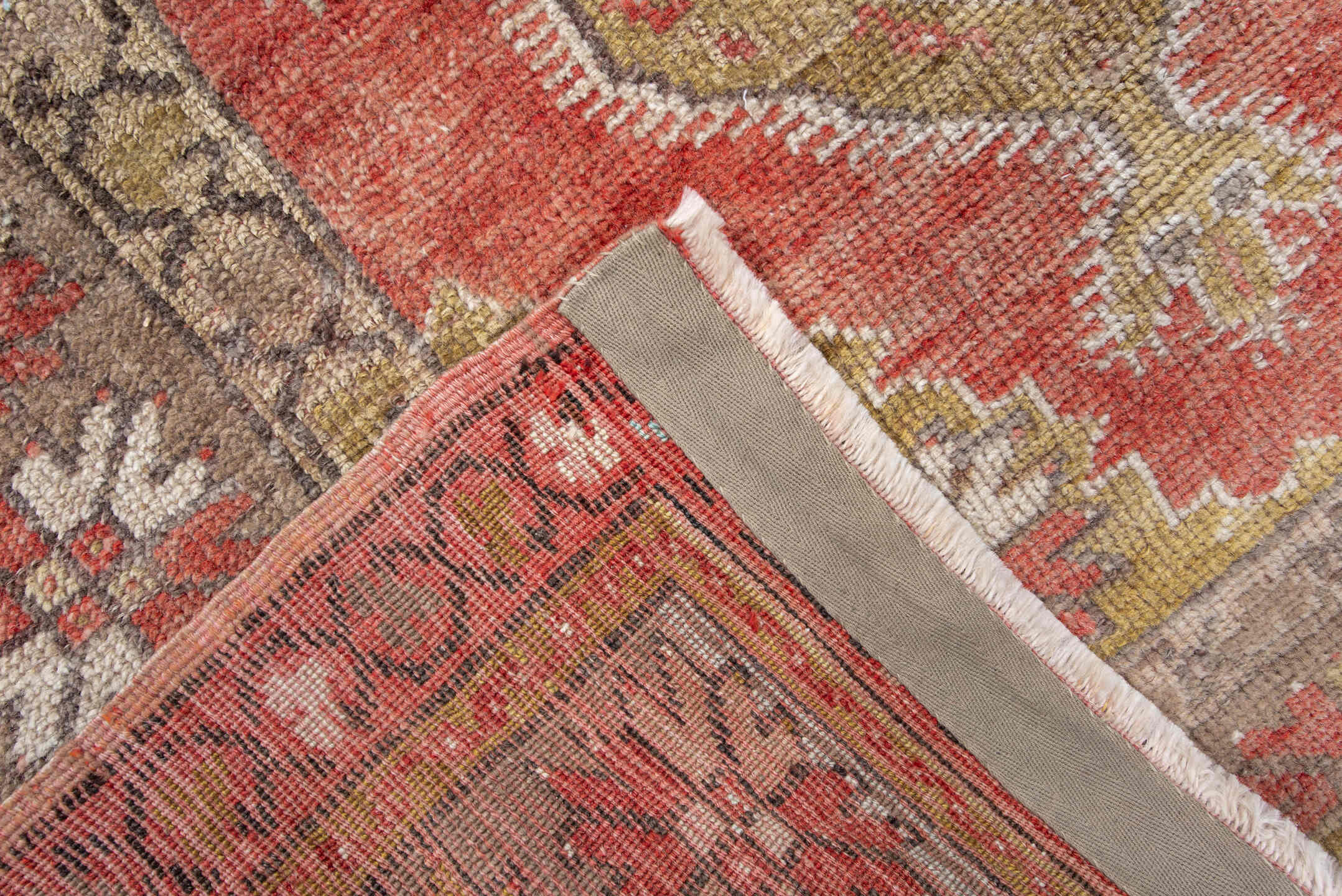 3' x 4' one-of-a-kind handmade vintage Anatolian small size rug. Color palette: brown, dark salmon, gray, light gray