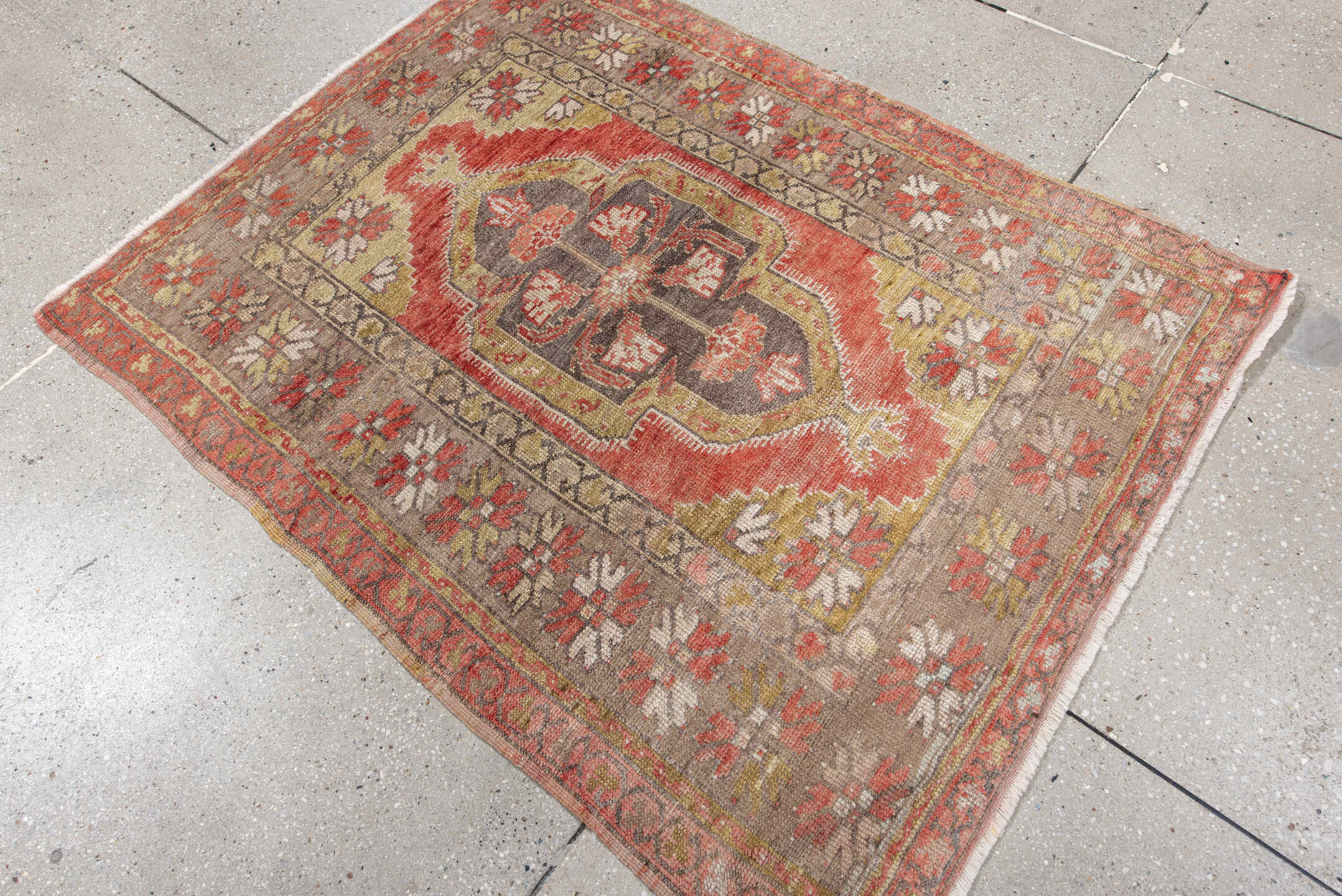 3' x 4' one-of-a-kind handmade antique Anatolian small size rug. Color palette: taupe, rust, ivory, camel, gold, charcoal