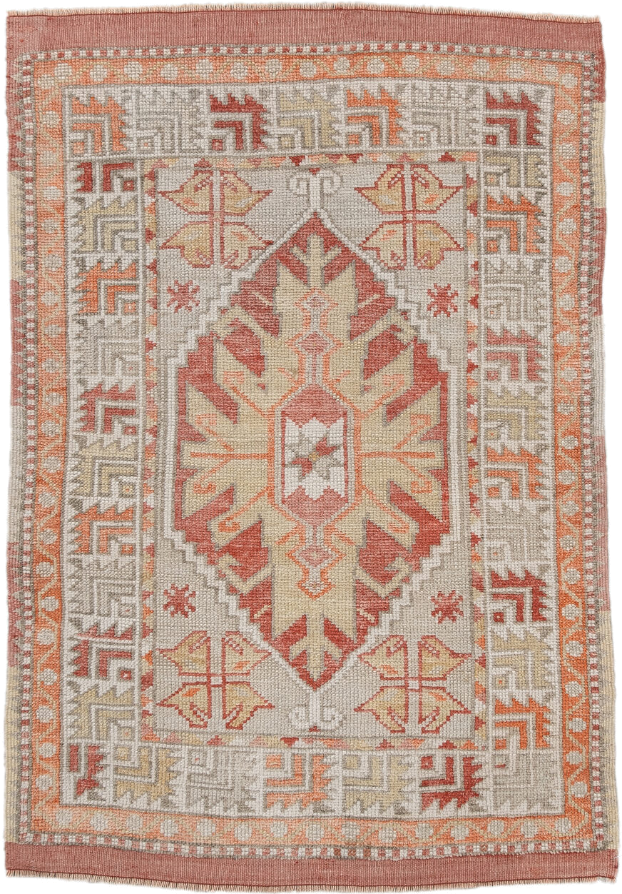 2' x 4' one-of-a-kind handmade vintage Anatolian small size rug. Color palette: ivory, coral, peach, taupe, sand, rust