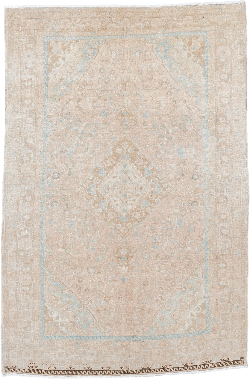 3' x 5' one-of-a-kind handmade antique Sarouk small size rug. Color palette: beige, blush, ivory, pale blue, taupe, camel