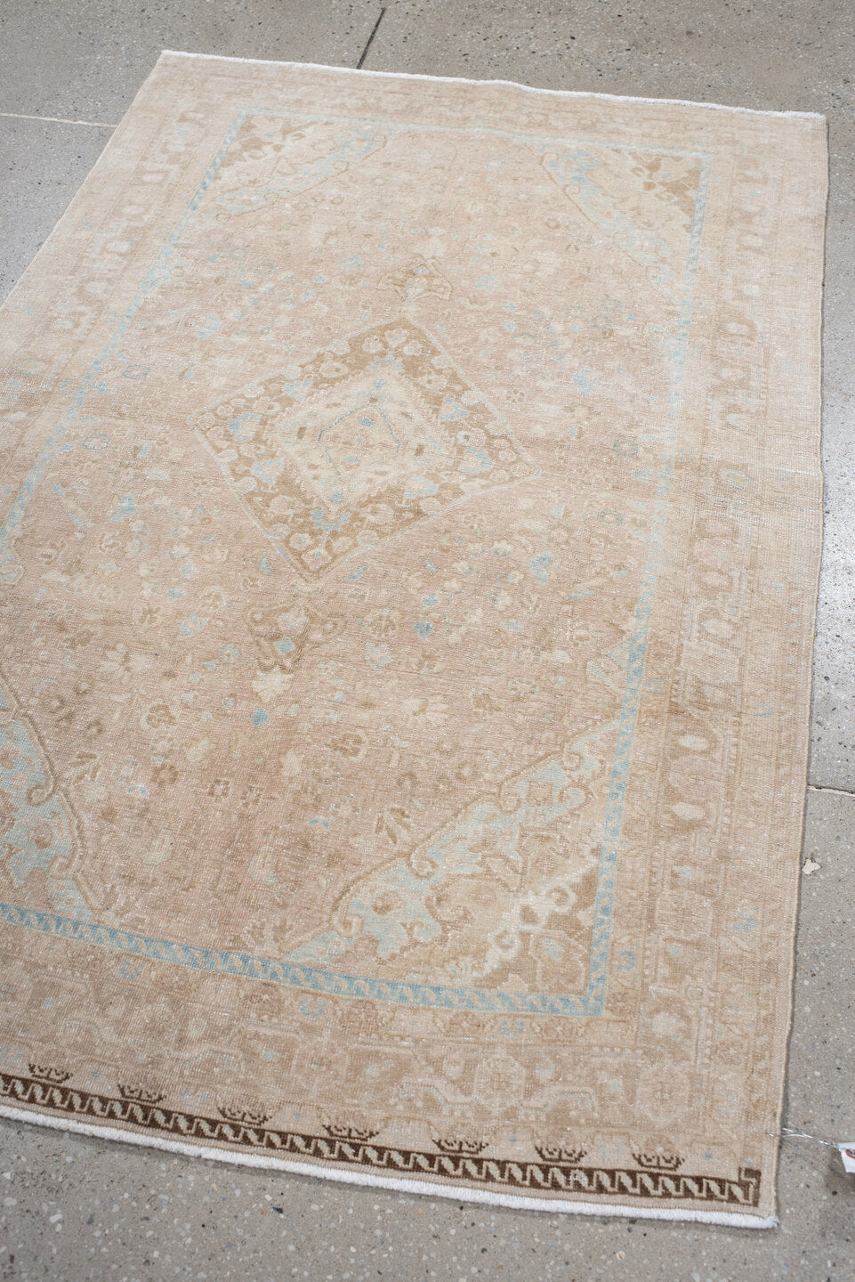 3' x 5' one-of-a-kind handmade antique Sarouk small size rug. Color palette: beige, blush, ivory, pale blue, taupe, camel