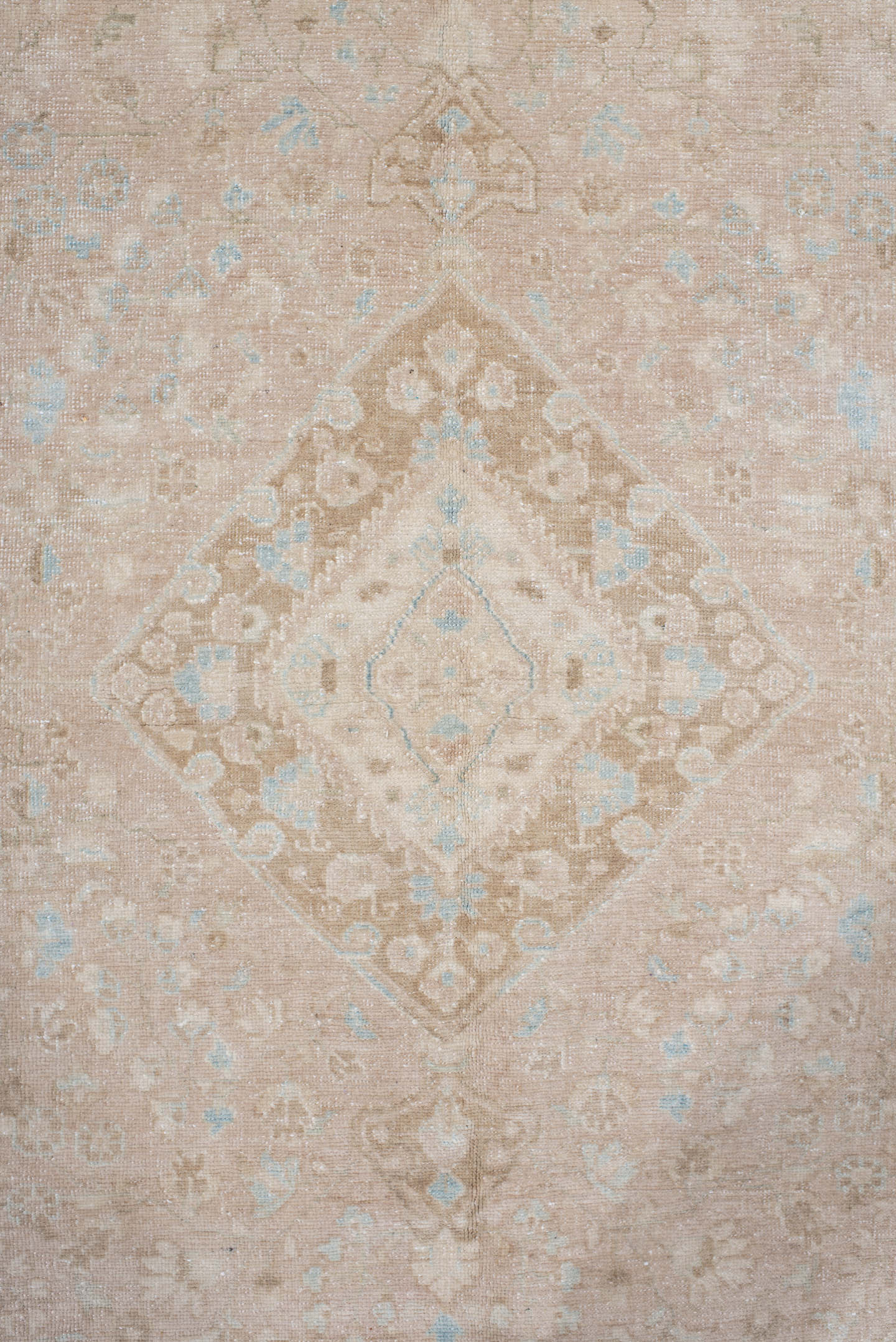 3' x 5' one-of-a-kind handmade antique Sarouk small size rug. Color palette: beige, blush, ivory, pale blue, taupe, camel