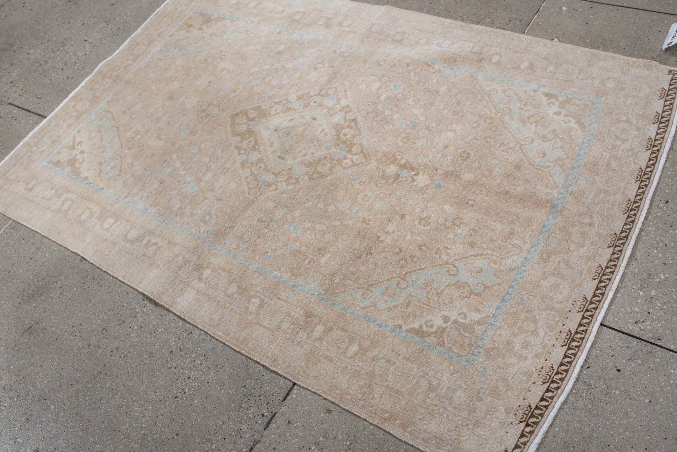 3' x 5' one-of-a-kind handmade antique Sarouk small size rug. Color palette: beige, blush, ivory, pale blue, taupe, camel