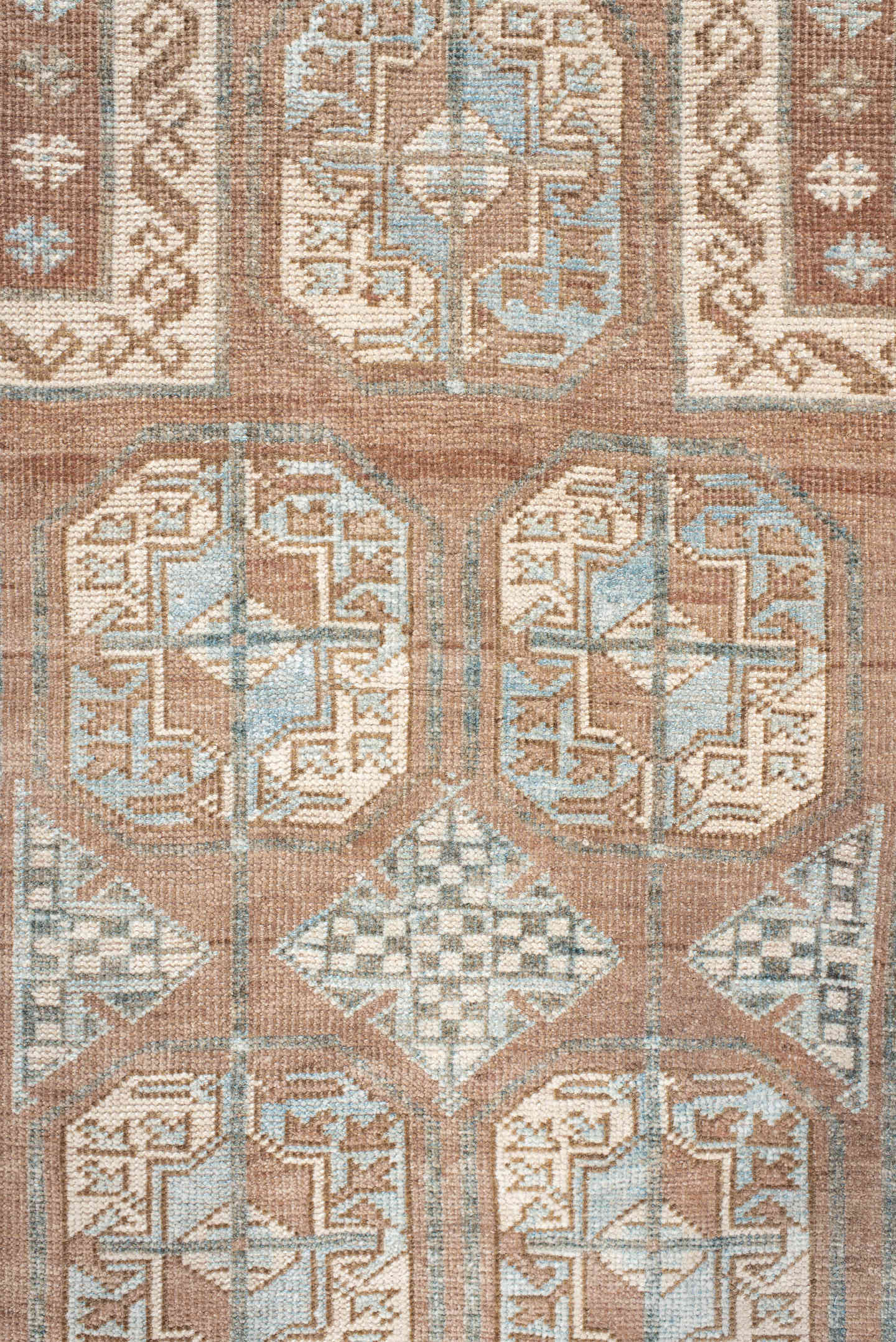 3' x 4' one-of-a-kind handmade vintage Belouch small size rug. Color palette: camel, ivory, pale blue, taupe, brown, beige