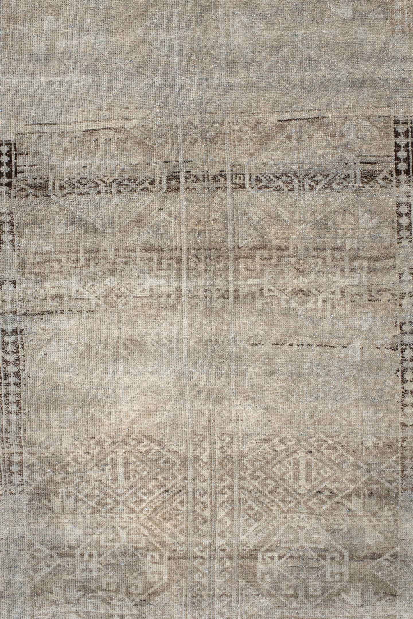 4' x 6' one-of-a-kind handmade antique Belouch small size rug. Color palette: ivory, taupe, beige, brown, greige, charcoal