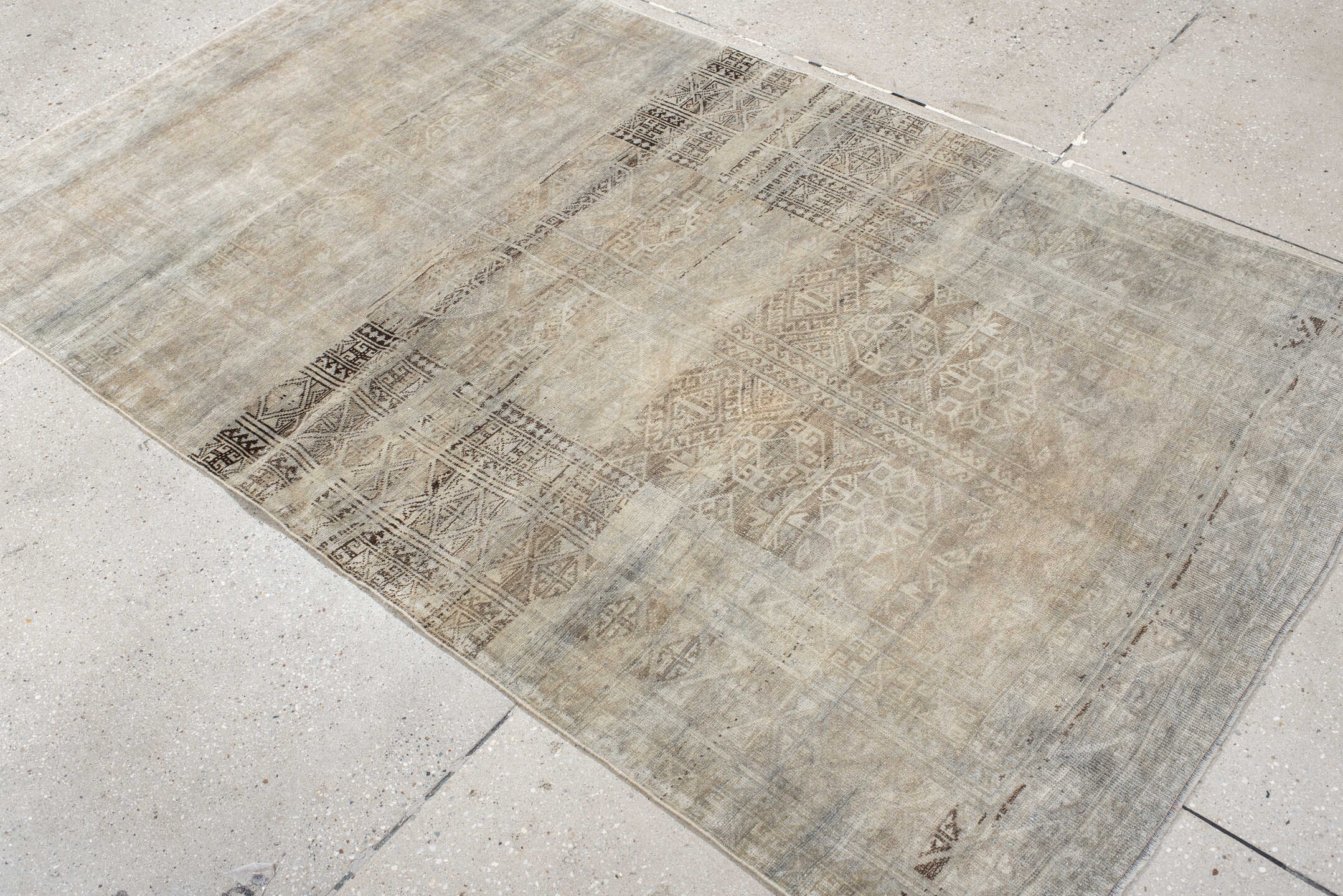 4' x 6' one-of-a-kind handmade antique Belouch small size rug. Color palette: ivory, taupe, beige, brown, greige, charcoal