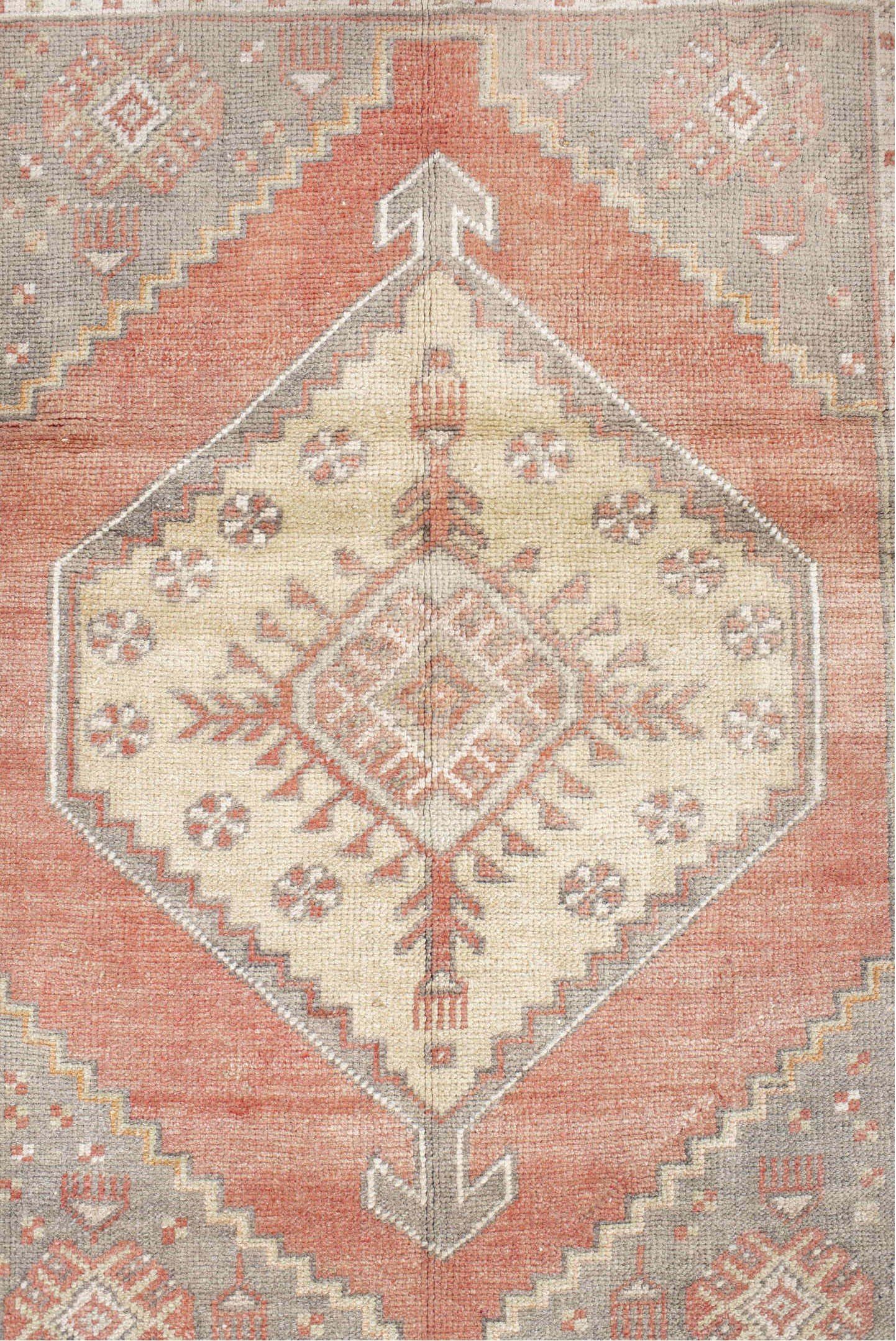 3' x 5' one-of-a-kind handmade vintage Anatolian small size rug. Color palette: antiquewhite, brown, gray, off-white, orange