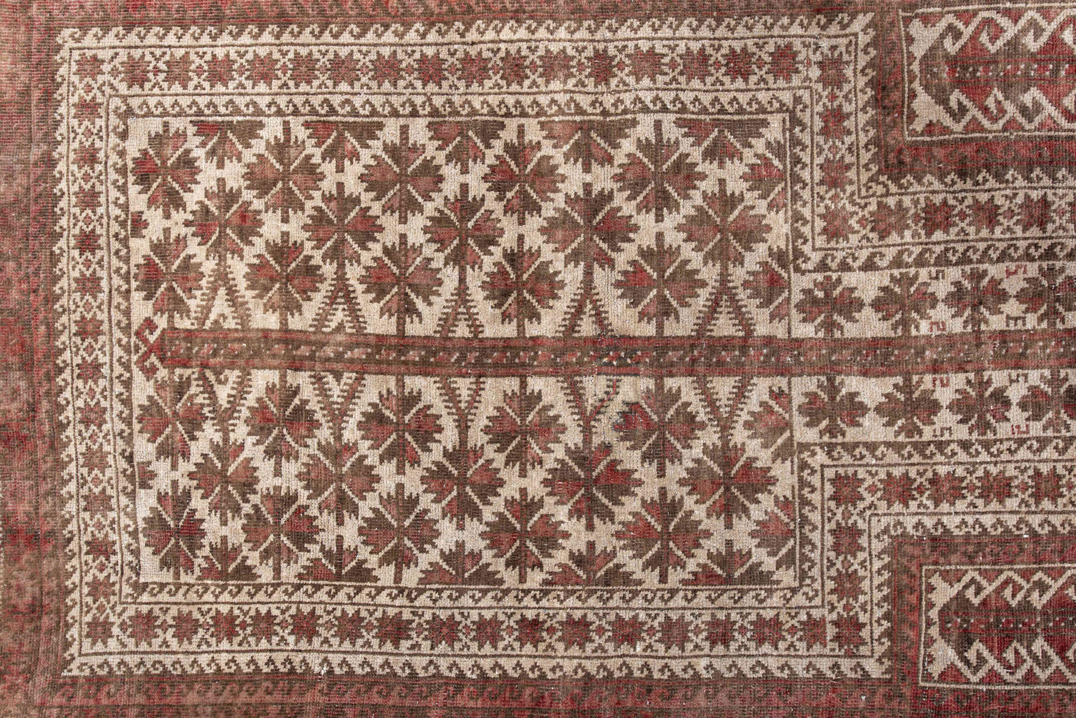 3' x 5' one-of-a-kind handmade vintage Belouch small size rug. Color palette: brown, gainsboro, gray, light gray, off-white
