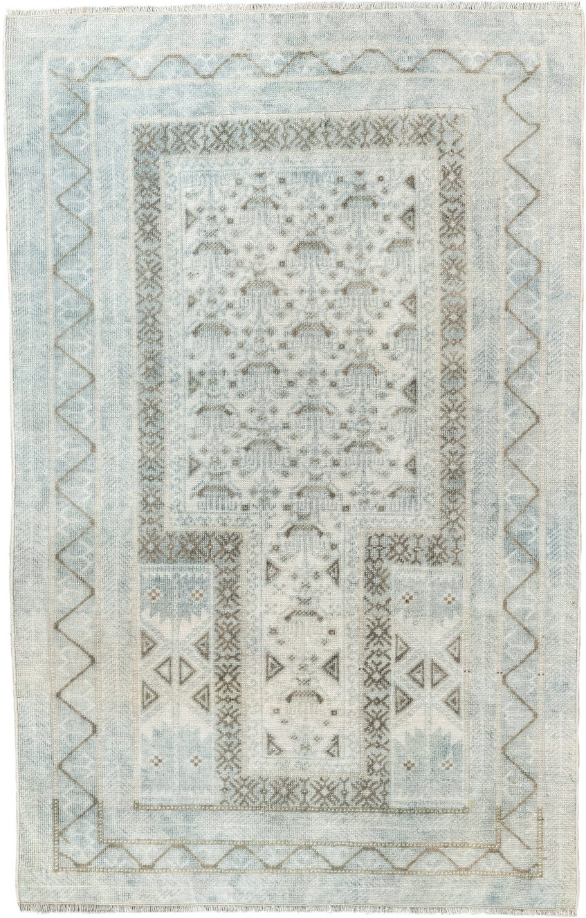 2' x 4' one-of-a-kind handmade vintage Belouch small size rug. Color palette: pale blue, ivory, taupe, light gray