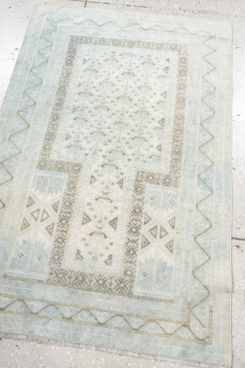 2' x 4' one-of-a-kind handmade vintage Belouch small size rug. Color palette: pale blue, ivory, taupe, light gray