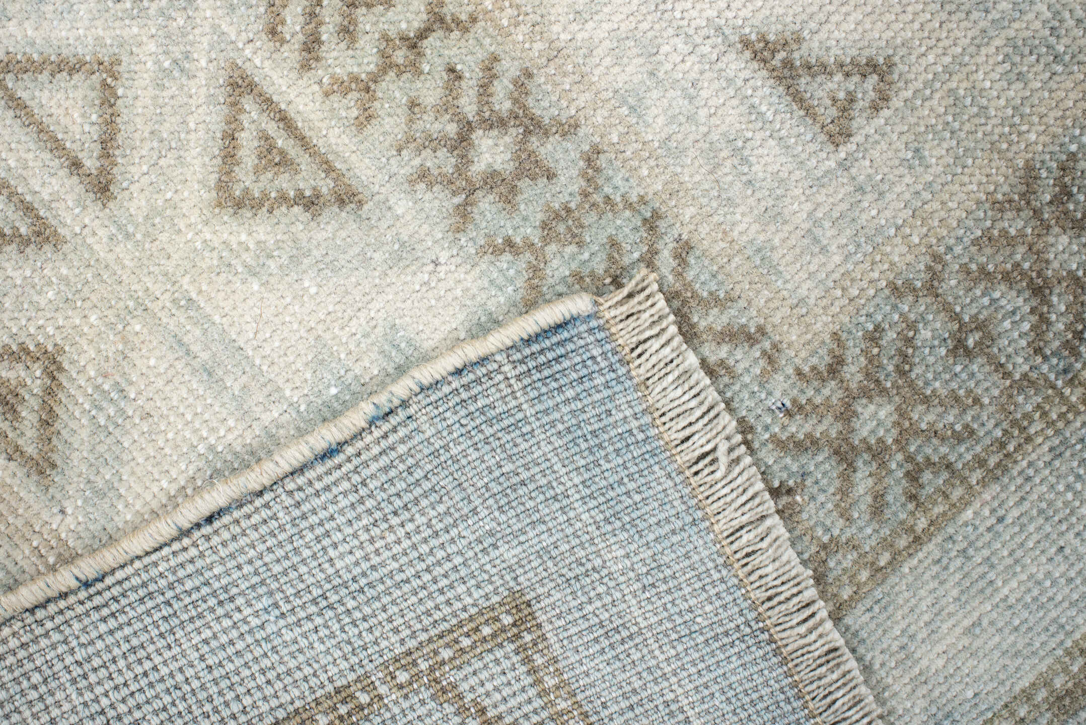 2' x 4' one-of-a-kind handmade vintage Belouch small size rug. Color palette: pale blue, ivory, taupe, light gray