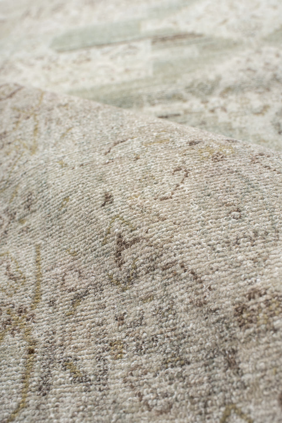 3' x 5' one-of-a-kind handmade vintage Senne small size rug. Color palette: ivory, pale aqua, taupe, sand, beige