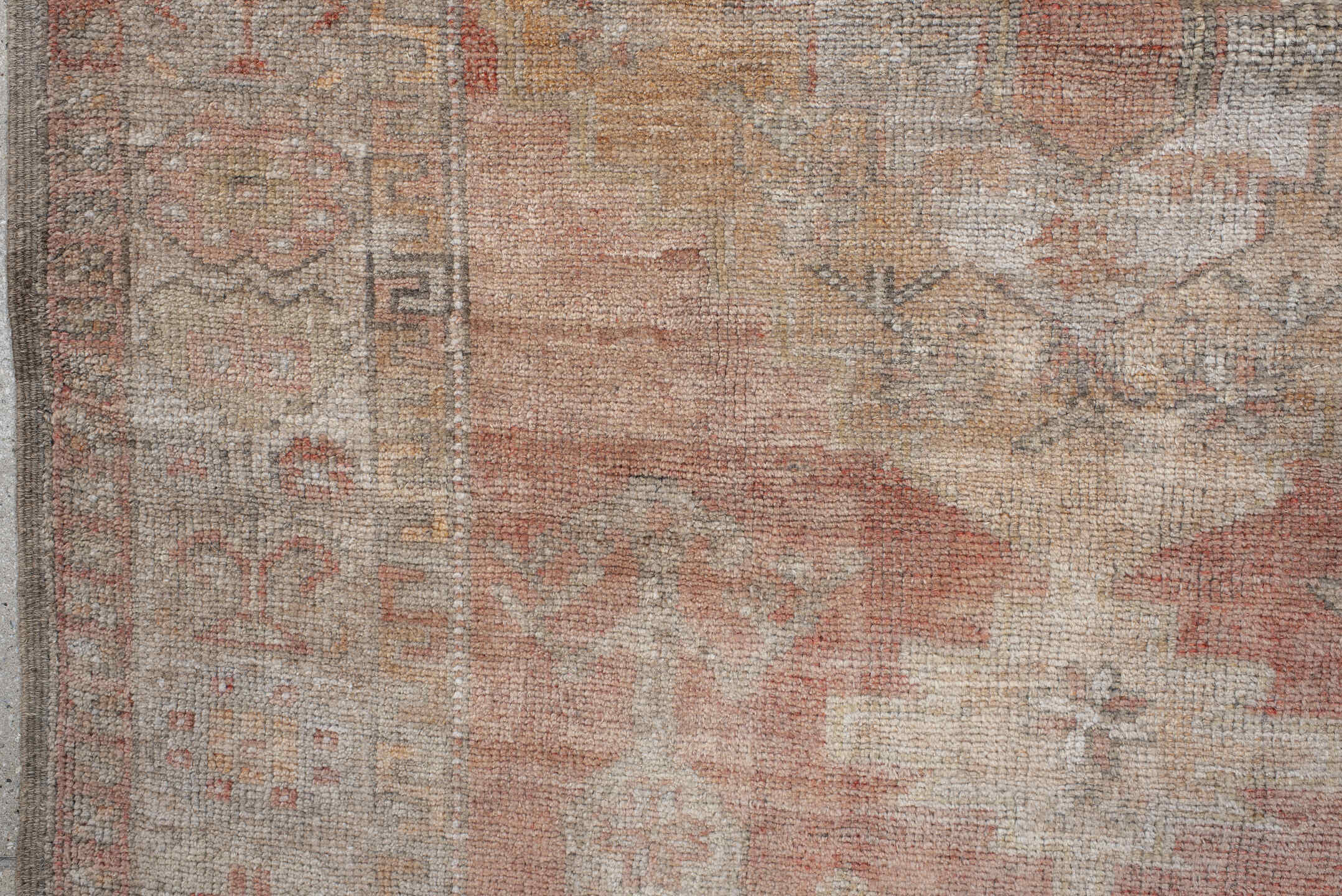 3' x 6' one-of-a-kind handmade vintage Anatol small size rug. Color palette: brown, gray, light gray, off-white, pink