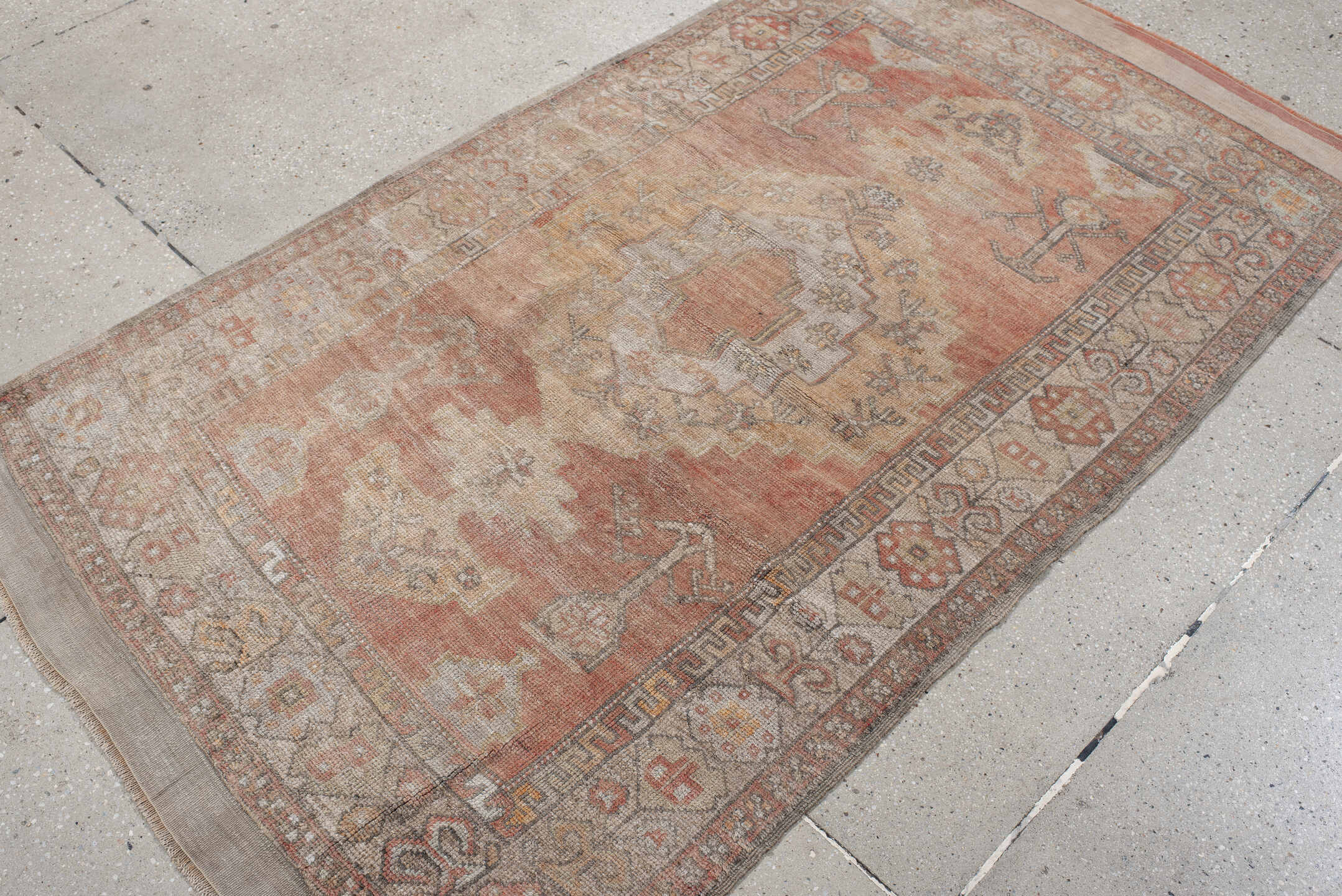 3' x 6' one-of-a-kind handmade vintage Anatol small size rug. Color palette: brown, gray, light gray, off-white, pink