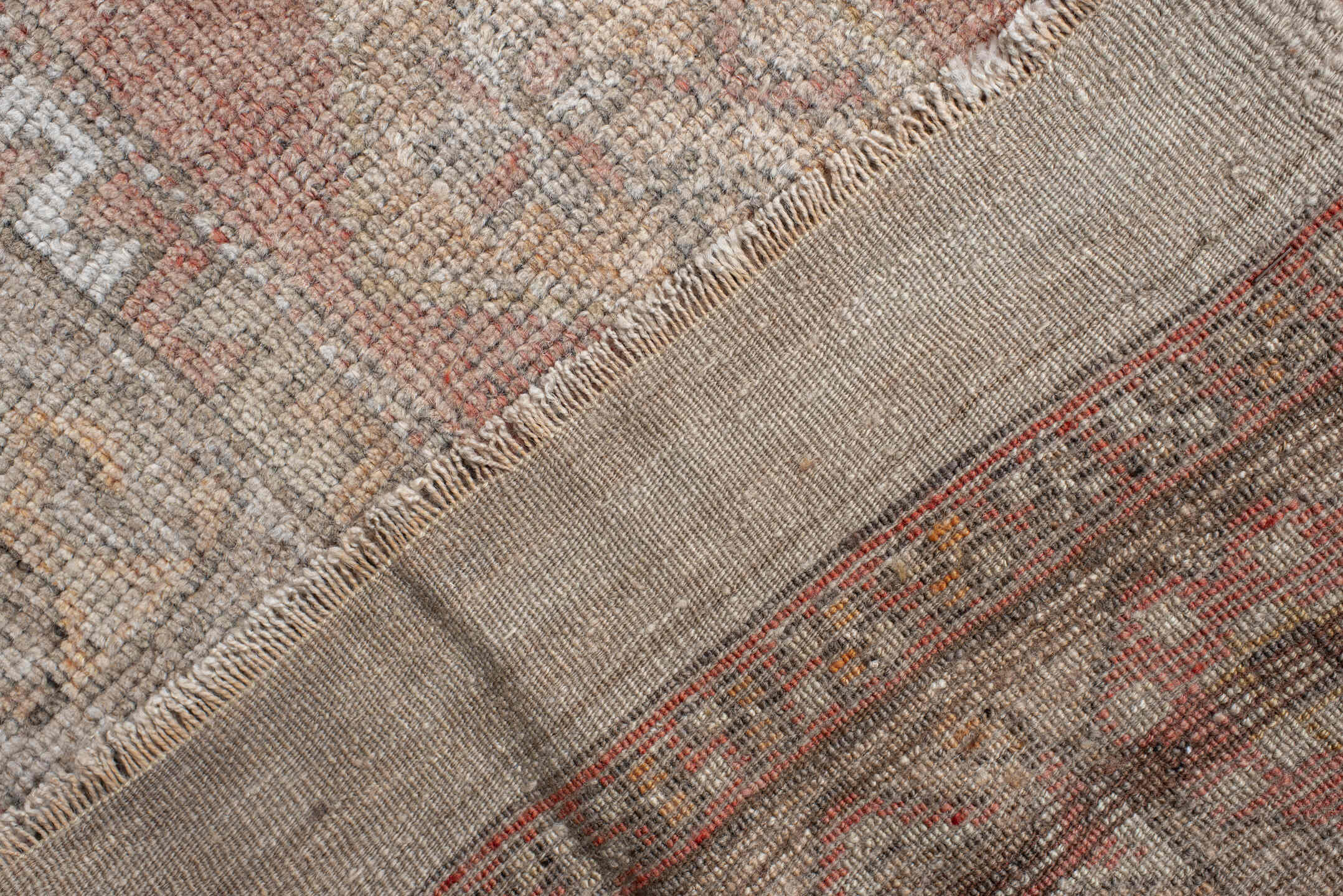 3' x 6' one-of-a-kind handmade vintage Anatol small size rug. Color palette: brown, gray, light gray, off-white, pink