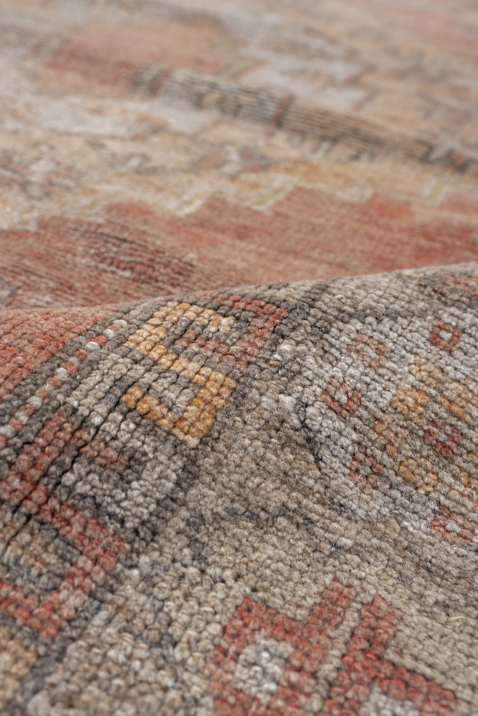 3' x 6' one-of-a-kind handmade vintage Anatol small size rug. Color palette: brown, gray, light gray, off-white, pink