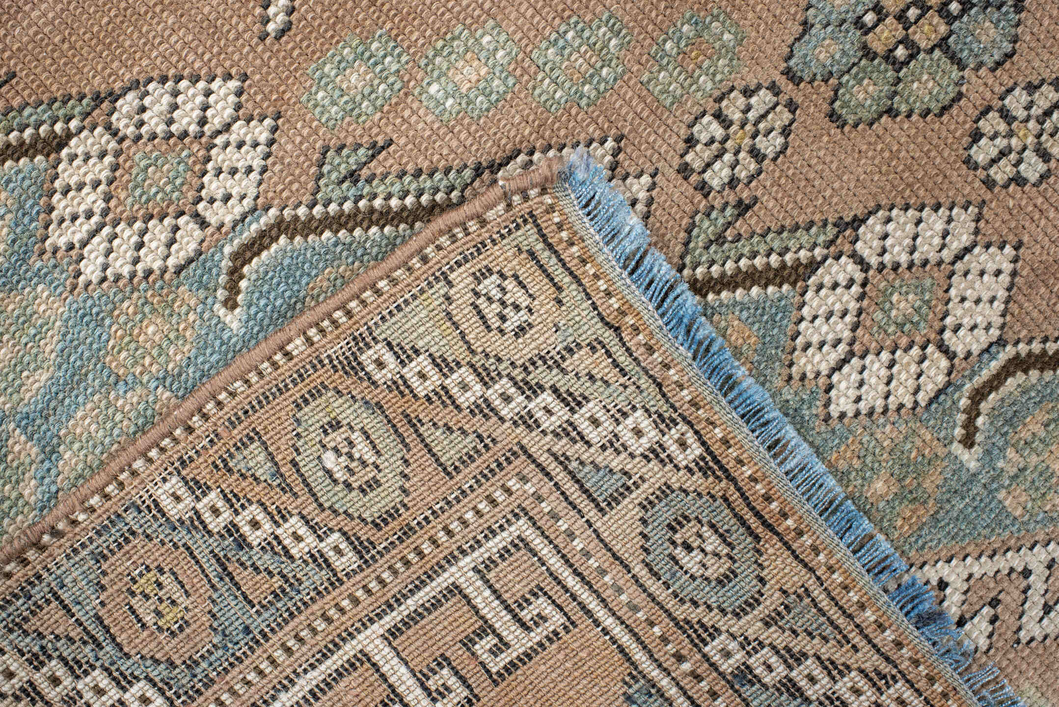 3' x 3' one-of-a-kind handmade vintage Anatol small size rug. Color palette: antiquewhite, black, blue, brown, gray