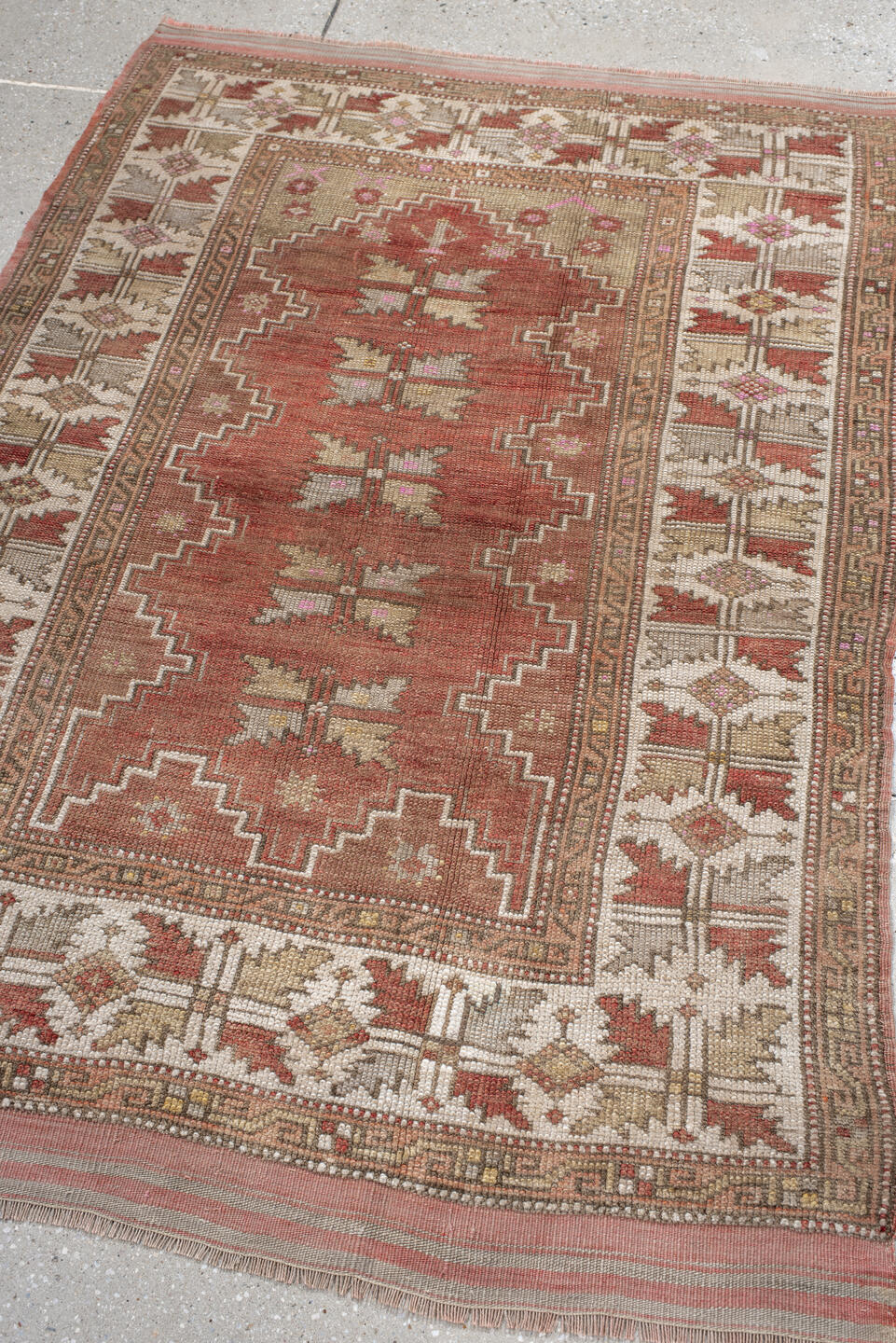 3' x 5' one-of-a-kind handmade vintage Anatol small size rug. Color palette: brown, gray, light gray, off-white, pink, red
