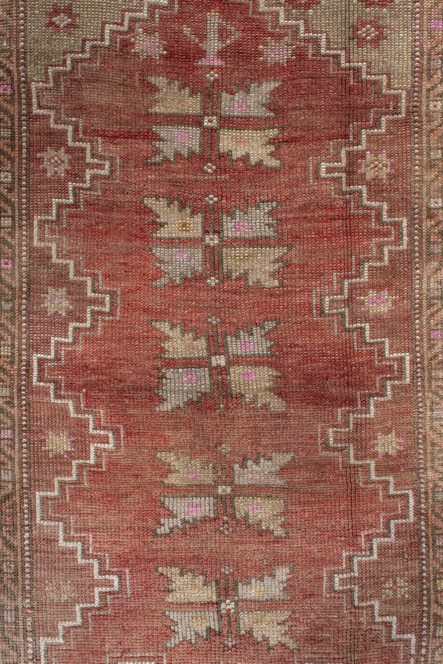 3' x 5' one-of-a-kind handmade antique Anatolian small size rug. Color palette: terra cotta, ivory, taupe, rust, rose, sage