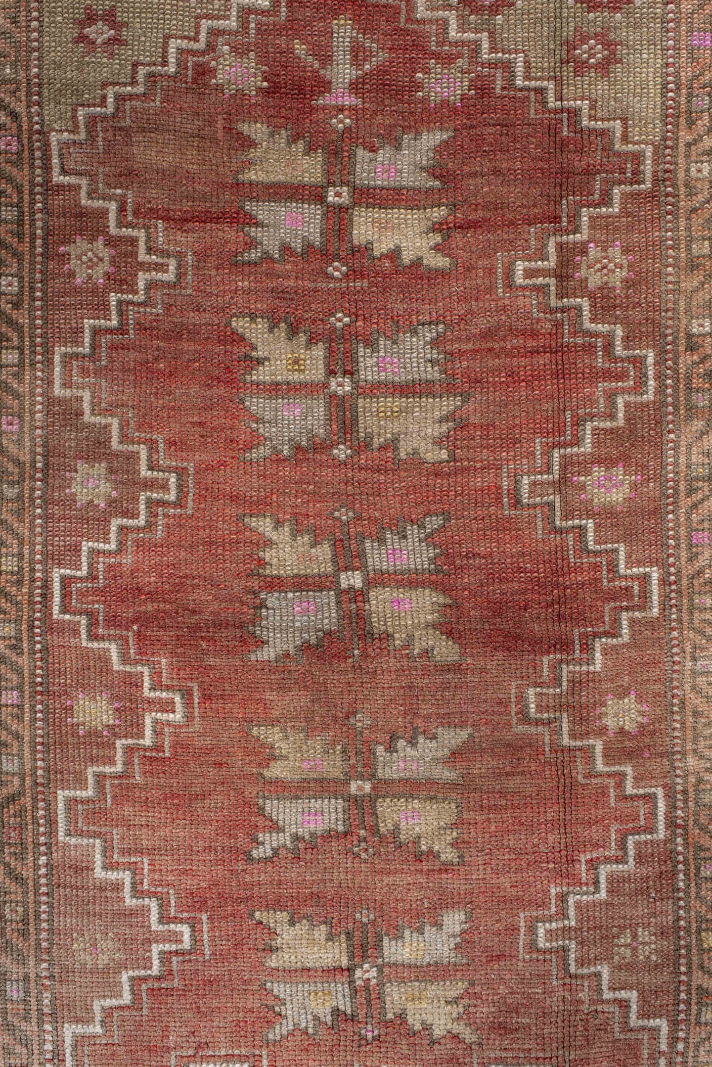 3' x 5' one-of-a-kind handmade antique Anatolian small size rug. Color palette: terra cotta, ivory, taupe, rust, rose, sage
