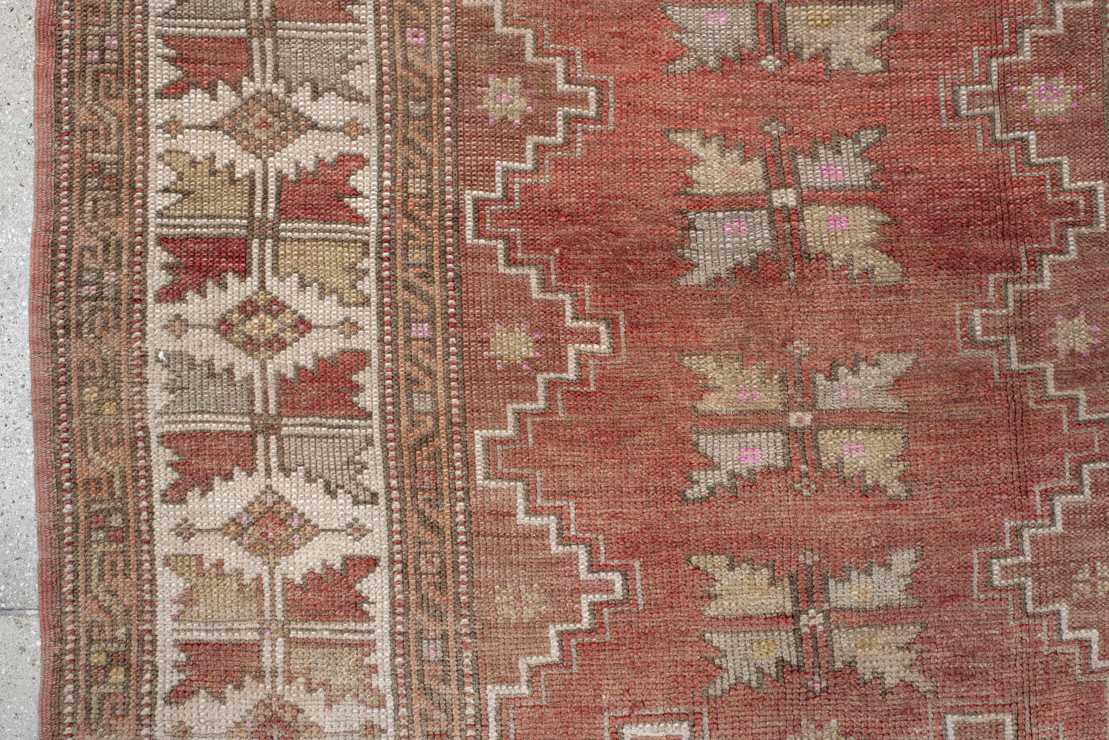 3' x 5' one-of-a-kind handmade vintage Anatol small size rug. Color palette: brown, gray, light gray, off-white, pink, red