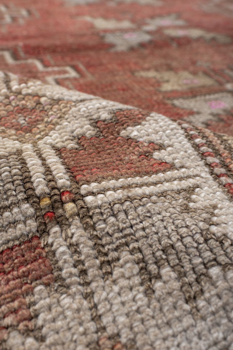 3' x 5' one-of-a-kind handmade vintage Anatol small size rug. Color palette: brown, gray, light gray, off-white, pink, red