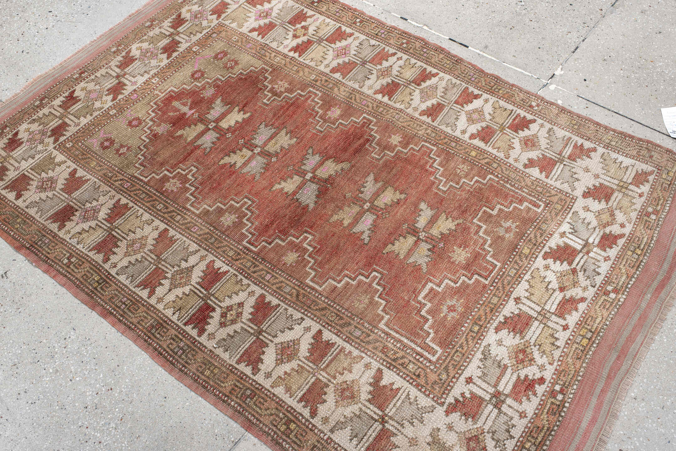 3' x 5' one-of-a-kind handmade antique Anatolian small size rug. Color palette: terra cotta, ivory, taupe, rust, rose, sage