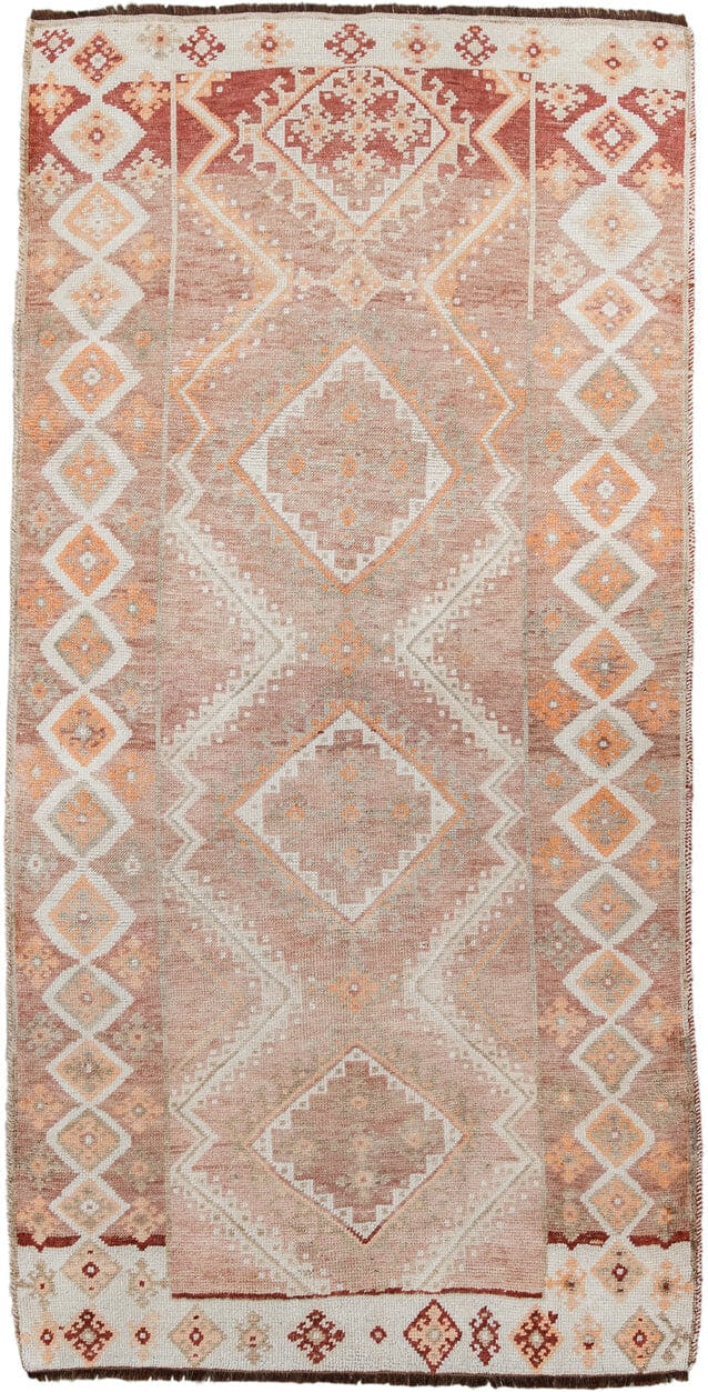 3' x 7' one-of-a-kind handmade antique Gabbe runner rug. Color palette: blush, ivory, rust, peach, taupe, terracotta, camel