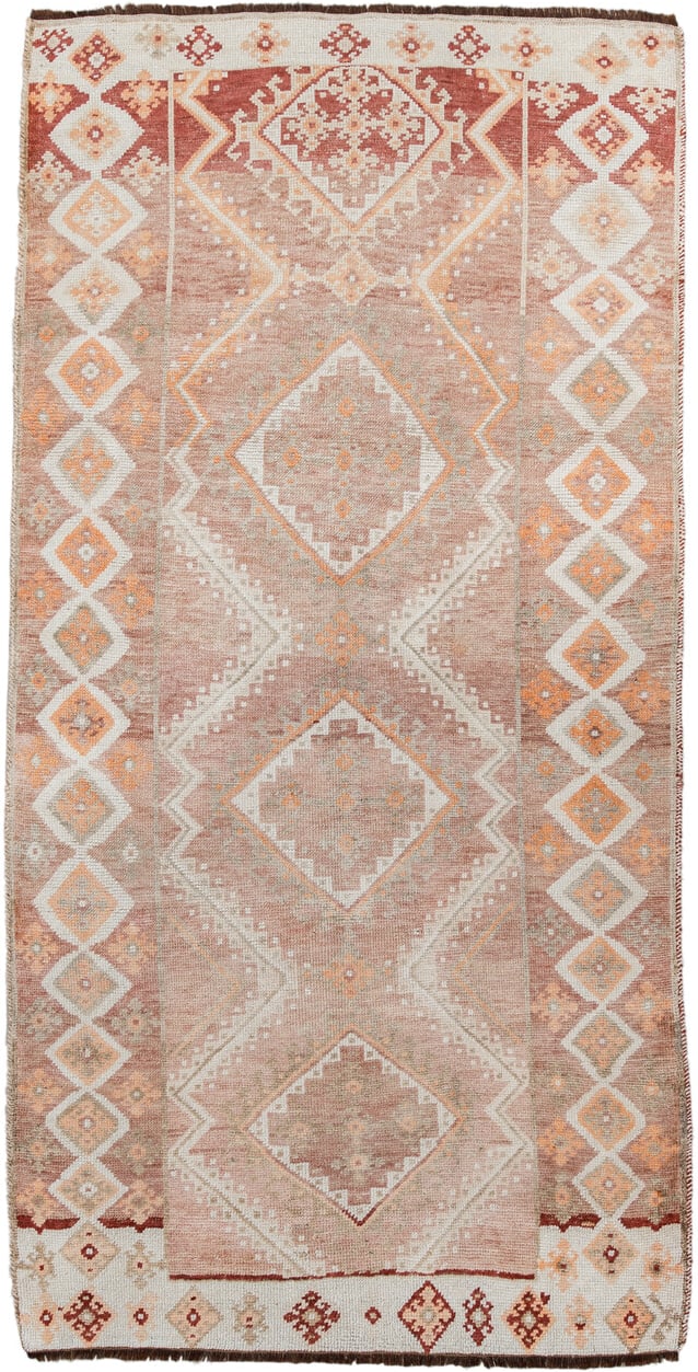 3' x 7' one-of-a-kind handmade antique Gabbe runner rug. Color palette: blush, ivory, rust, peach, taupe, terracotta, camel