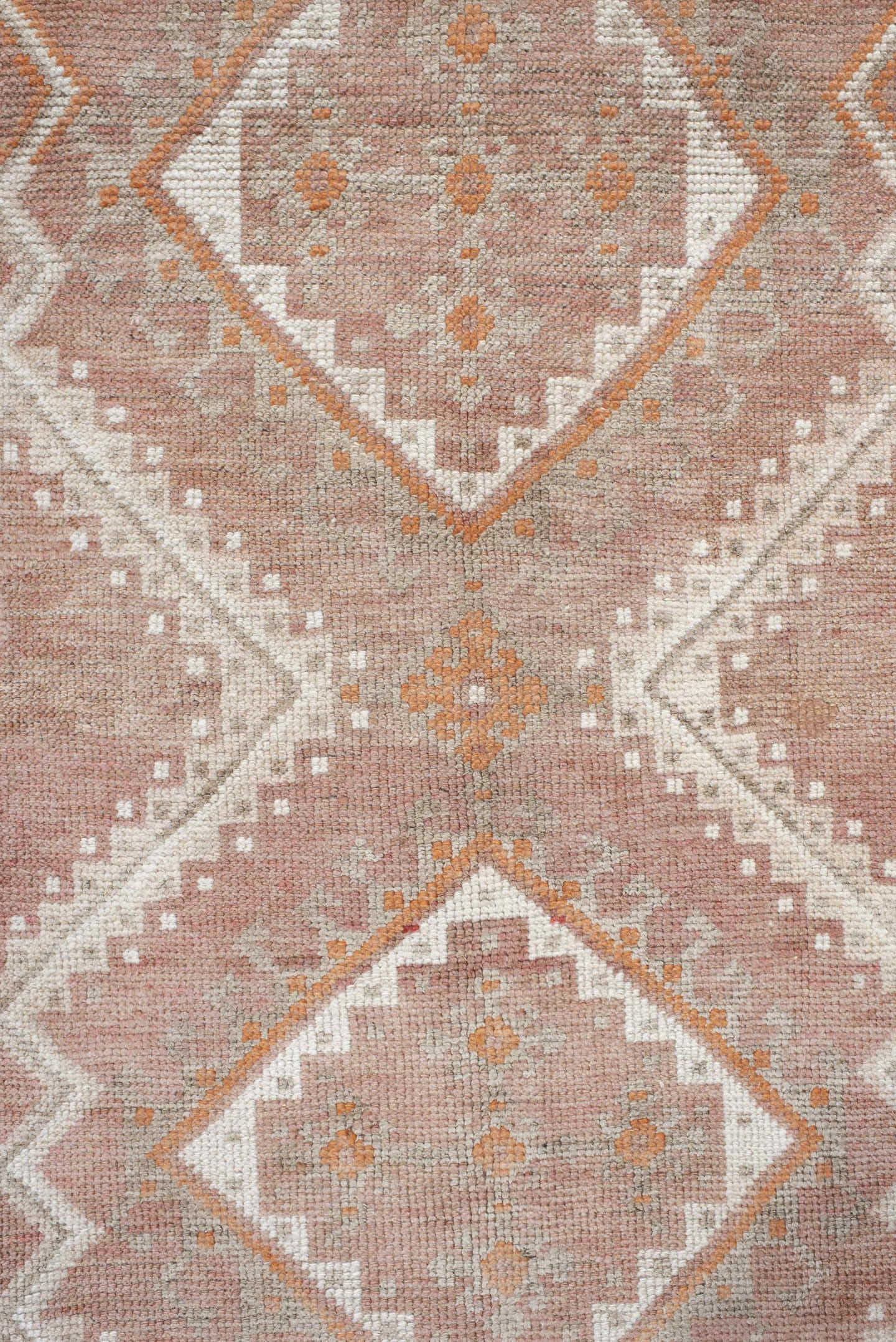 3' x 7' one-of-a-kind handmade antique Gabbe runner rug. Color palette: blush, ivory, rust, peach, taupe, terracotta, camel