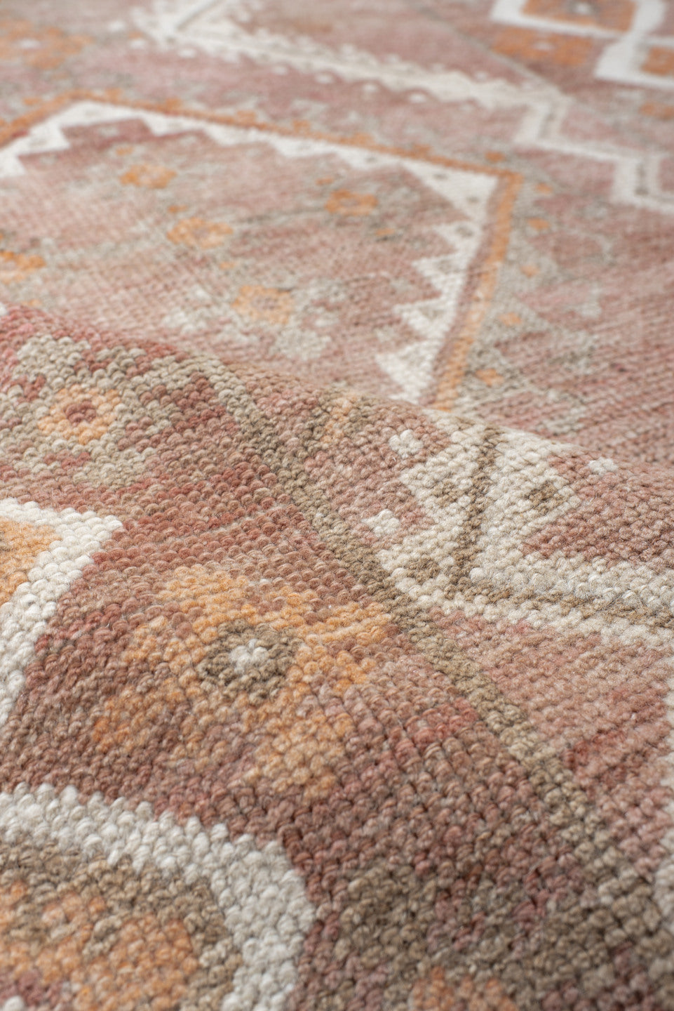 3' x 7' one-of-a-kind handmade vintage Gabbe runner rug. Color palette: brown, gray, light gray, off-white, orange, pink