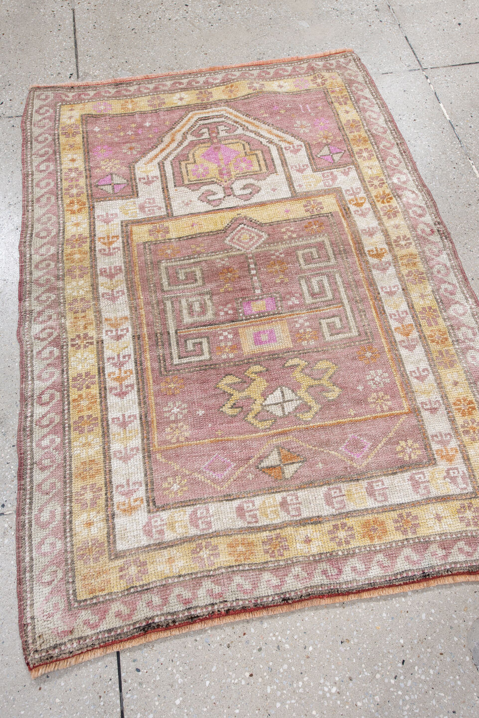 3' x 4' one-of-a-kind handmade antique Oushak small size rug. Color palette: dusty rose, ivory, pale gold, taupe, apricot