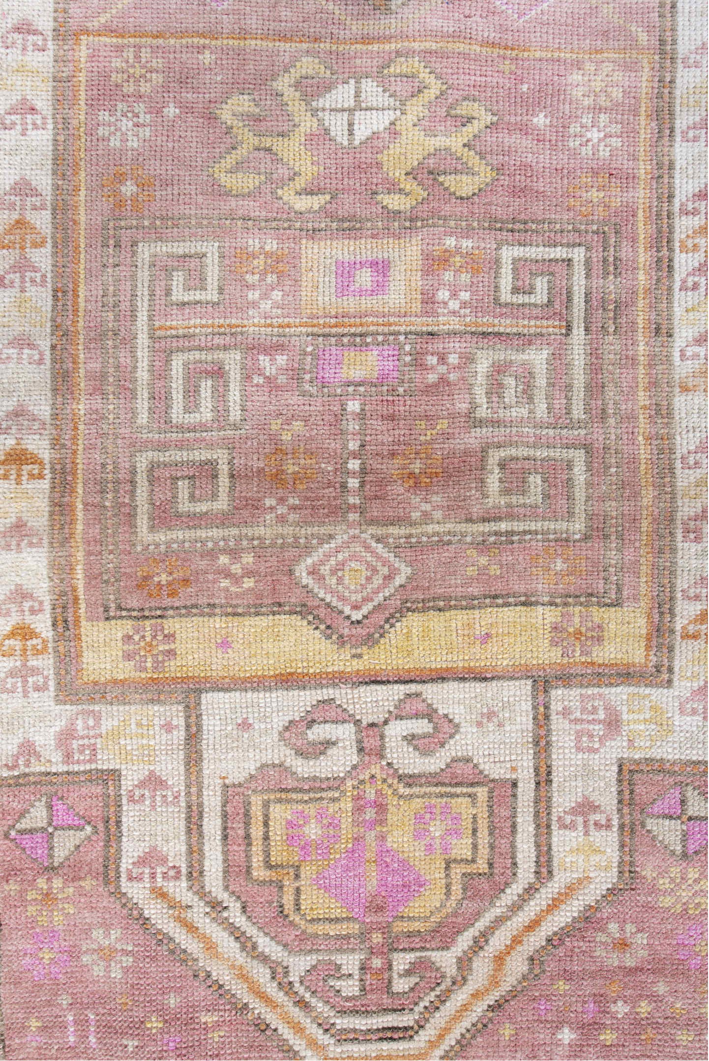 3' x 4' one-of-a-kind handmade antique Oushak small size rug. Color palette: dusty rose, ivory, pale gold, taupe, apricot