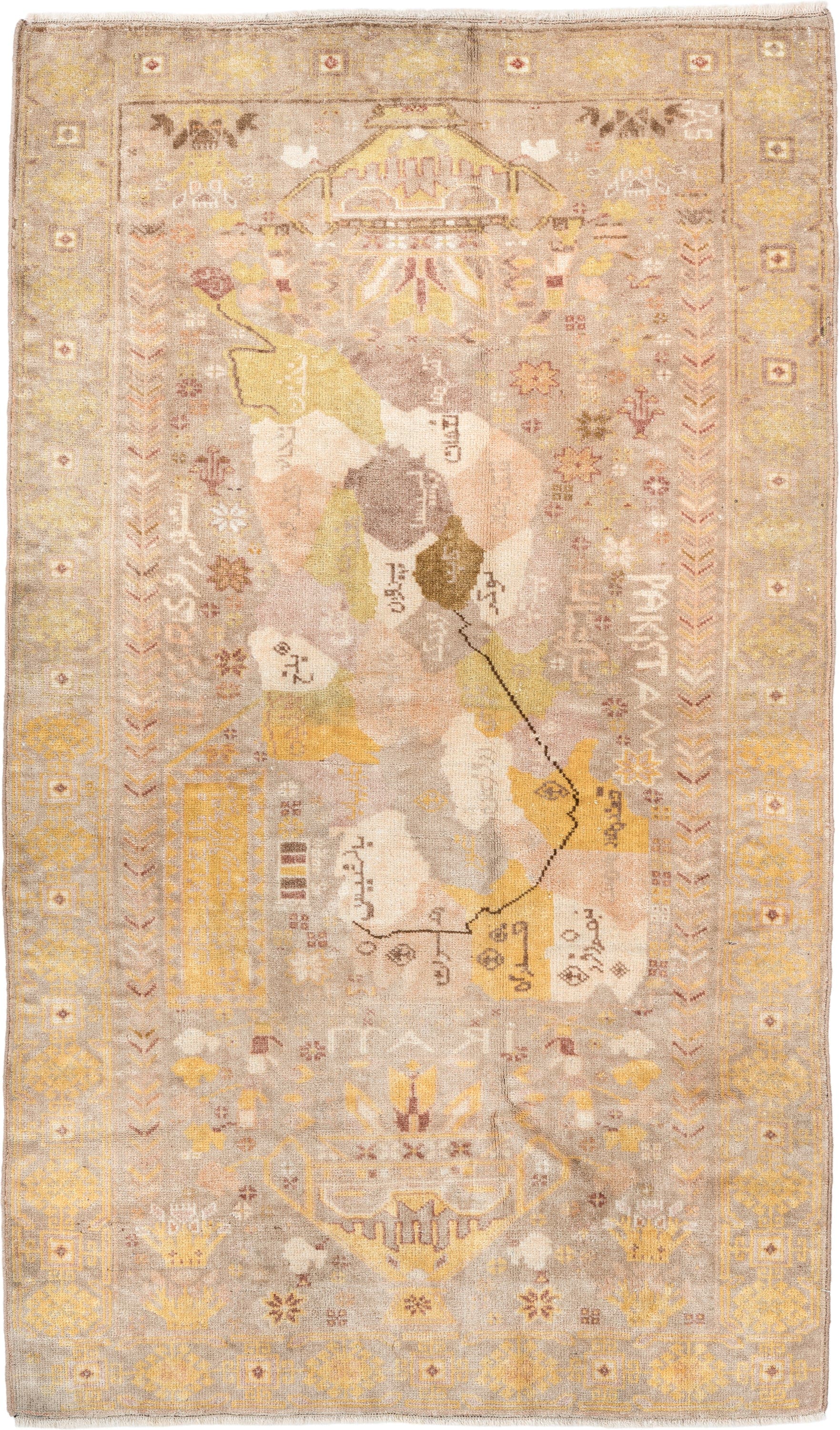 2' x 4' one-of-a-kind handmade vintage small size rug. Color palette: beige, ivory, gold, taupe, blush, camel, sage, rust