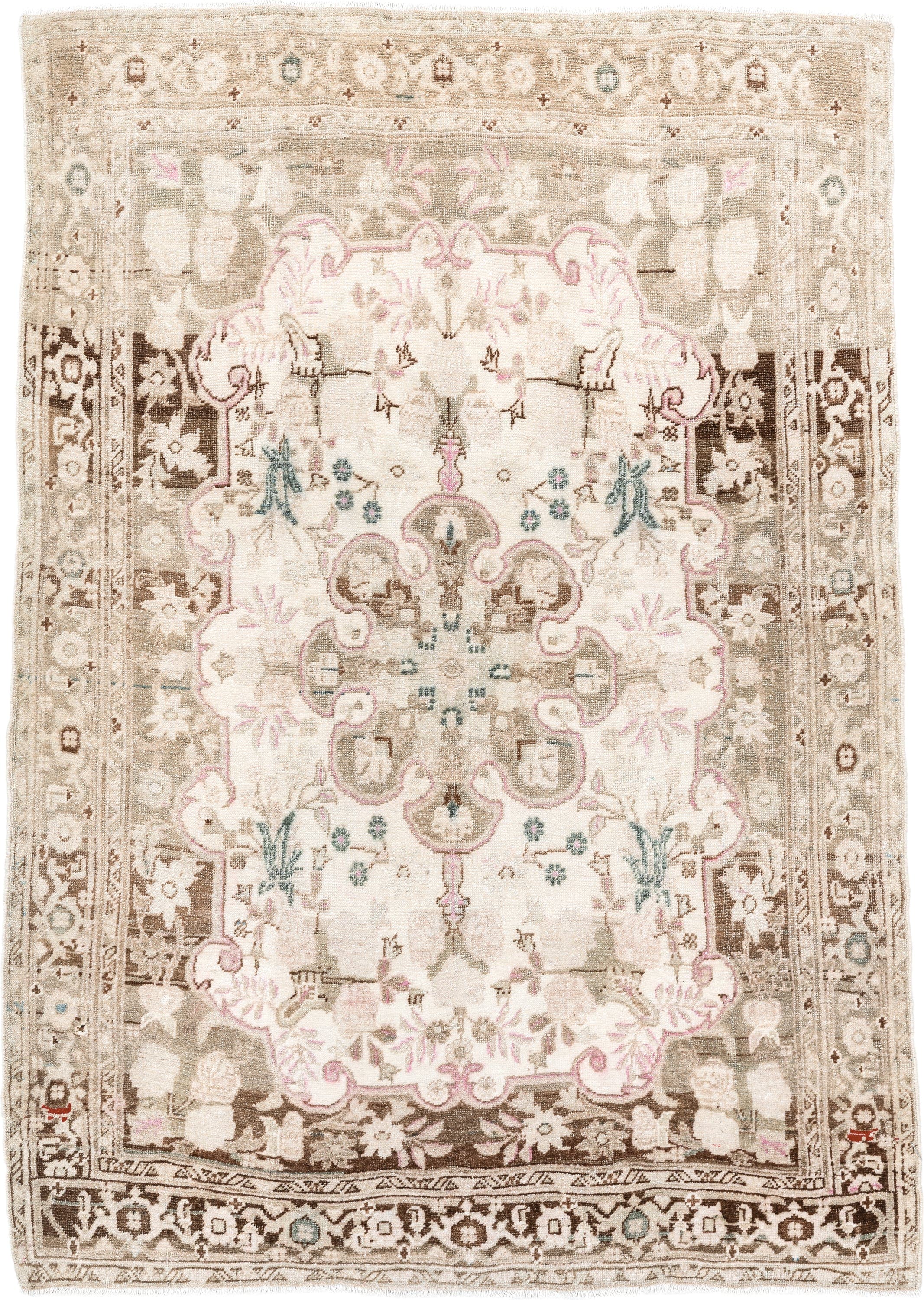 3' x 4' one-of-a-kind handmade antique Bidjar small size rug. Color palette: ivory, taupe, brown, blush, aqua, cream, beige
