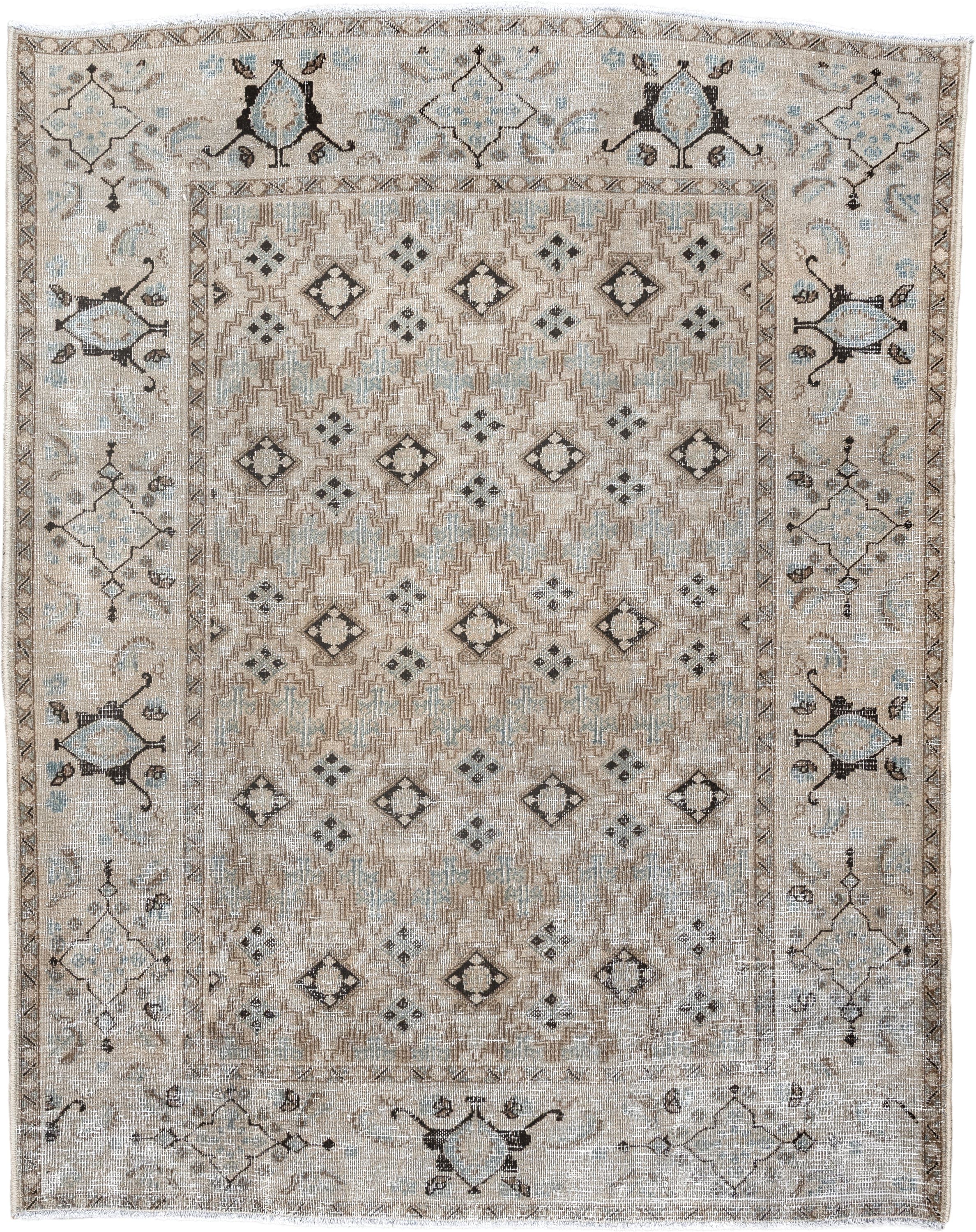 4' x 5' one-of-a-kind handmade vintage Meshed small size rug. Color palette: ivory, taupe, pale_blue, charcoal, beige, brown