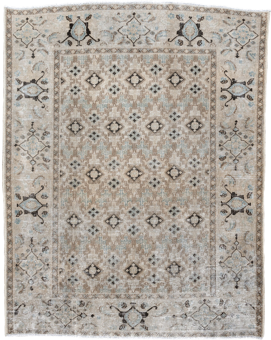 4' x 5' one-of-a-kind handmade vintage Meshed small size rug. Color palette: ivory, taupe, pale_blue, charcoal, beige, brown