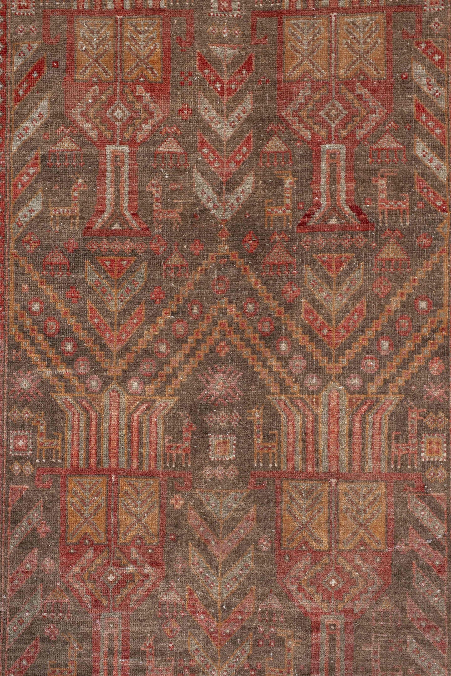 3' x 9' one-of-a-kind handmade antique Belouch runner rug. Color palette: taupe, rust, ivory, brown, terra cotta, camel
