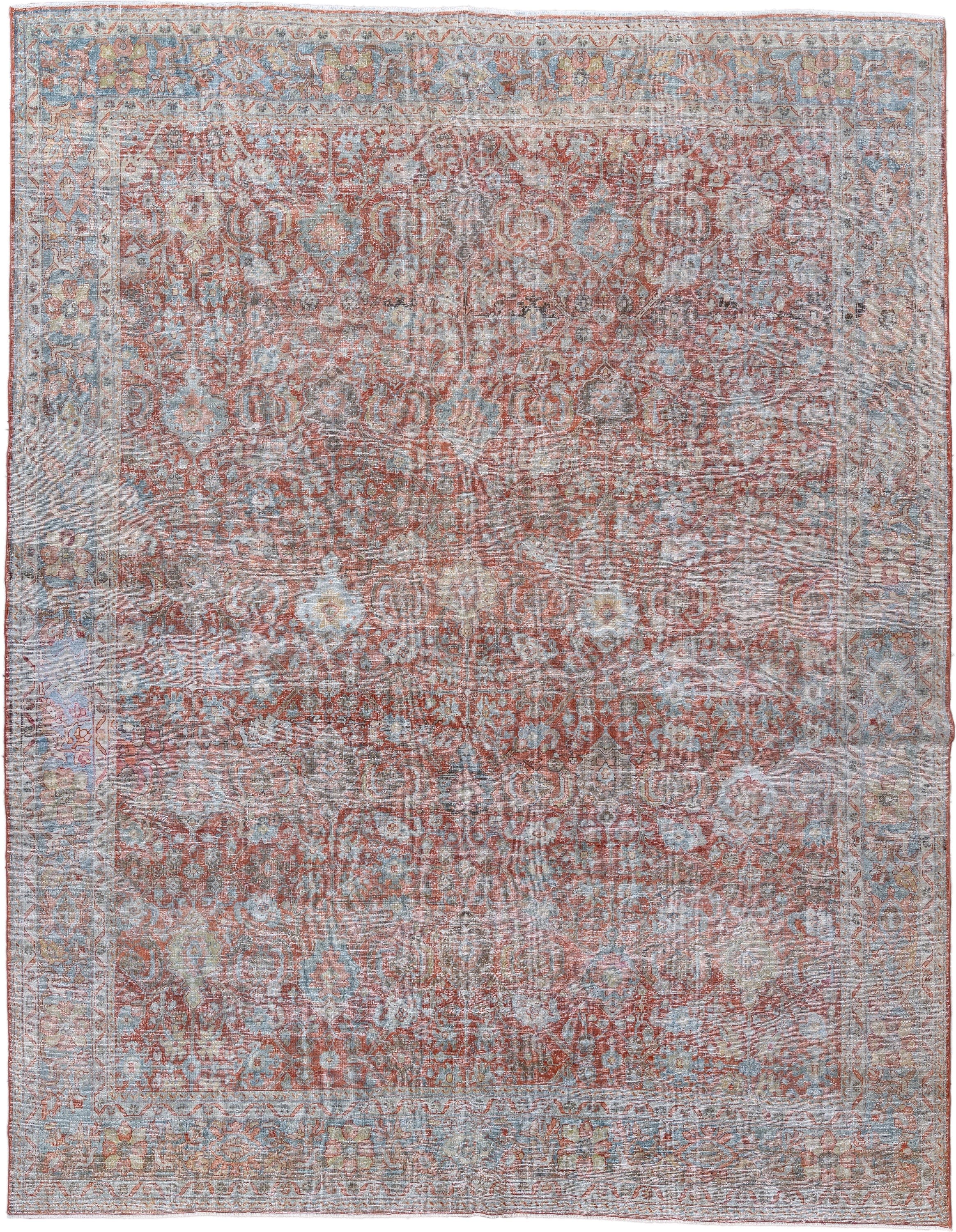 9' x 11' one-of-a-kind handmade vintage Mahal large size rug. Color palette: rust, pale blue, ivory, blush, taupe, sage