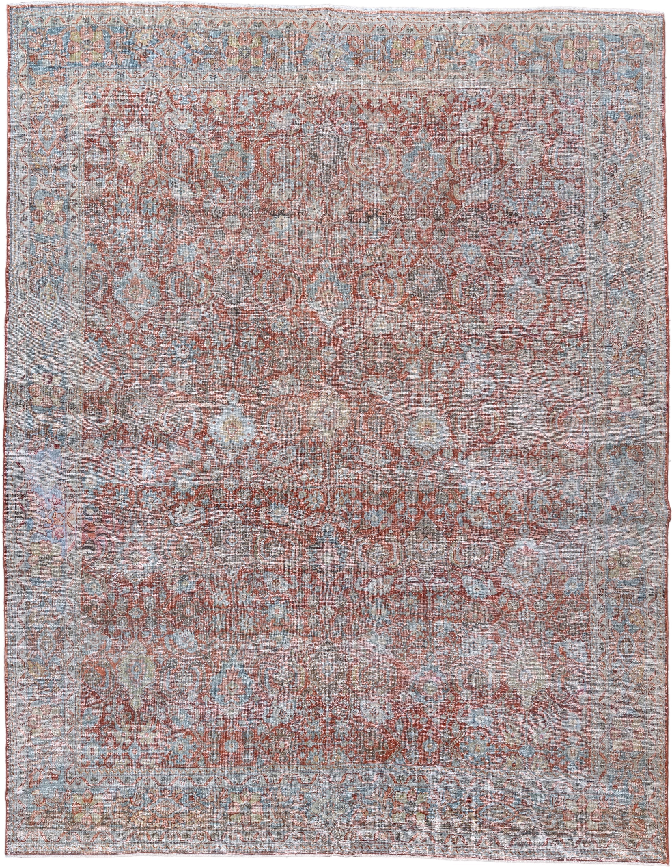 9' x 11' one-of-a-kind handmade vintage Mahal large size rug. Color palette: rust, pale blue, ivory, blush, taupe, sage