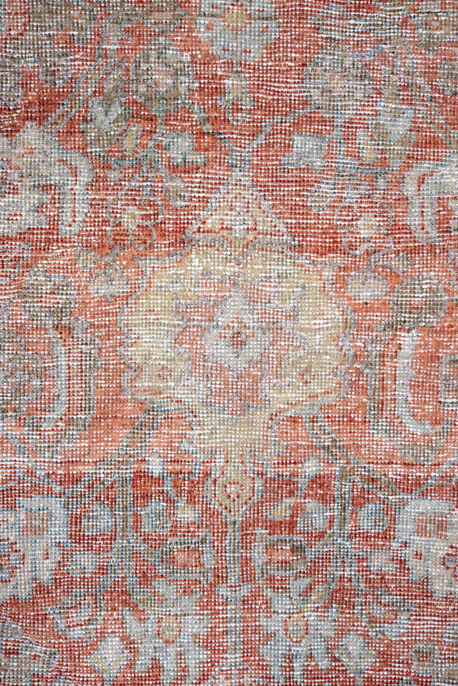 9' x 11' one-of-a-kind handmade vintage Mahal large size rug. Color palette: rust, pale blue, ivory, blush, taupe, sage