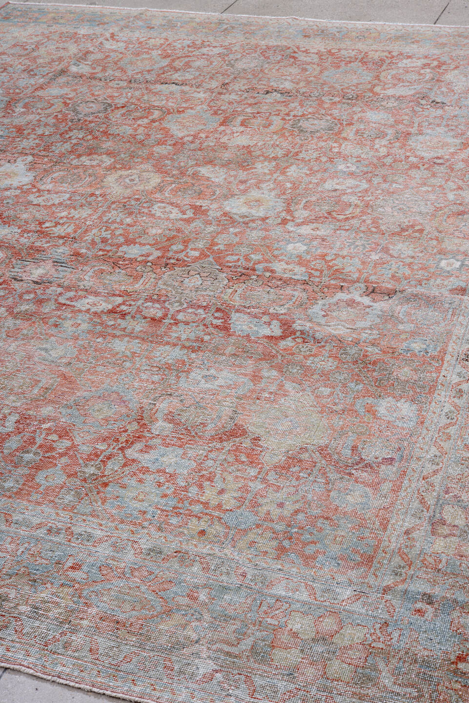 9' x 11' one-of-a-kind handmade vintage Mahal large size rug. Color palette: rust, pale blue, ivory, blush, taupe, sage