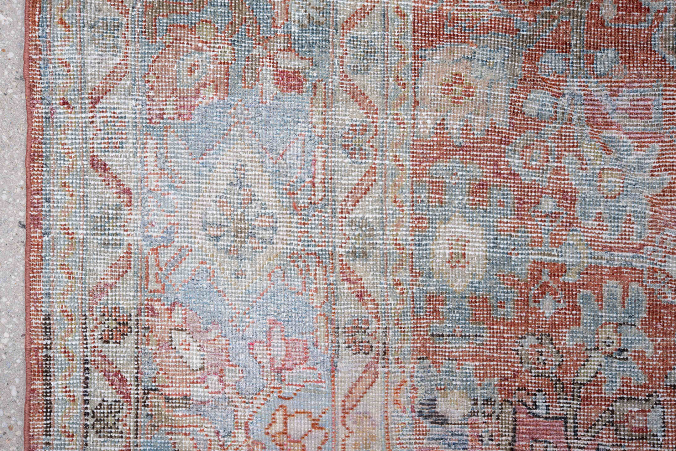9' x 11' one-of-a-kind handmade vintage Mahal large size rug. Color palette: rust, pale blue, ivory, blush, taupe, sage
