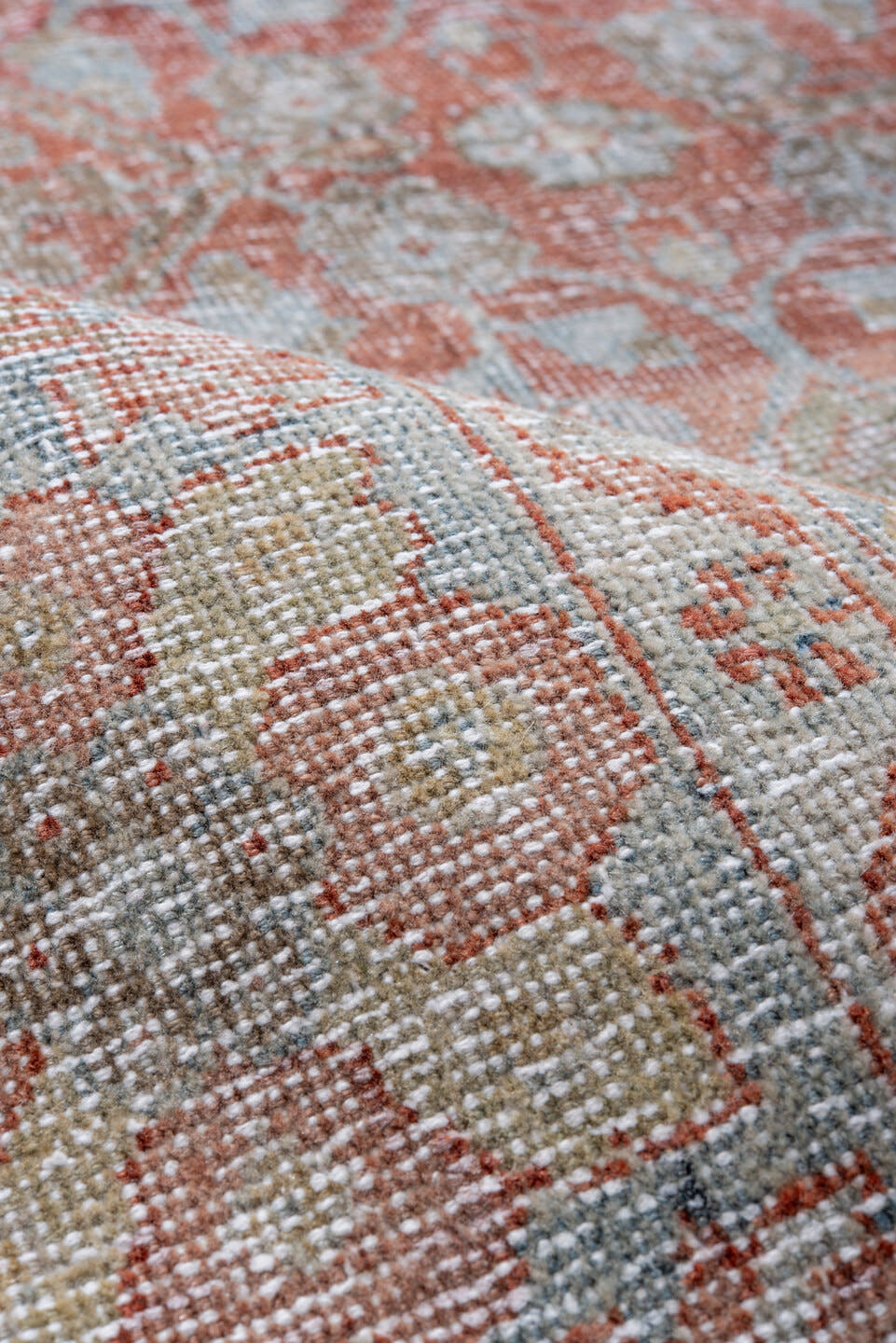 9' x 11' one-of-a-kind handmade vintage Mahal large size rug. Color palette: rust, pale blue, ivory, blush, taupe, sage