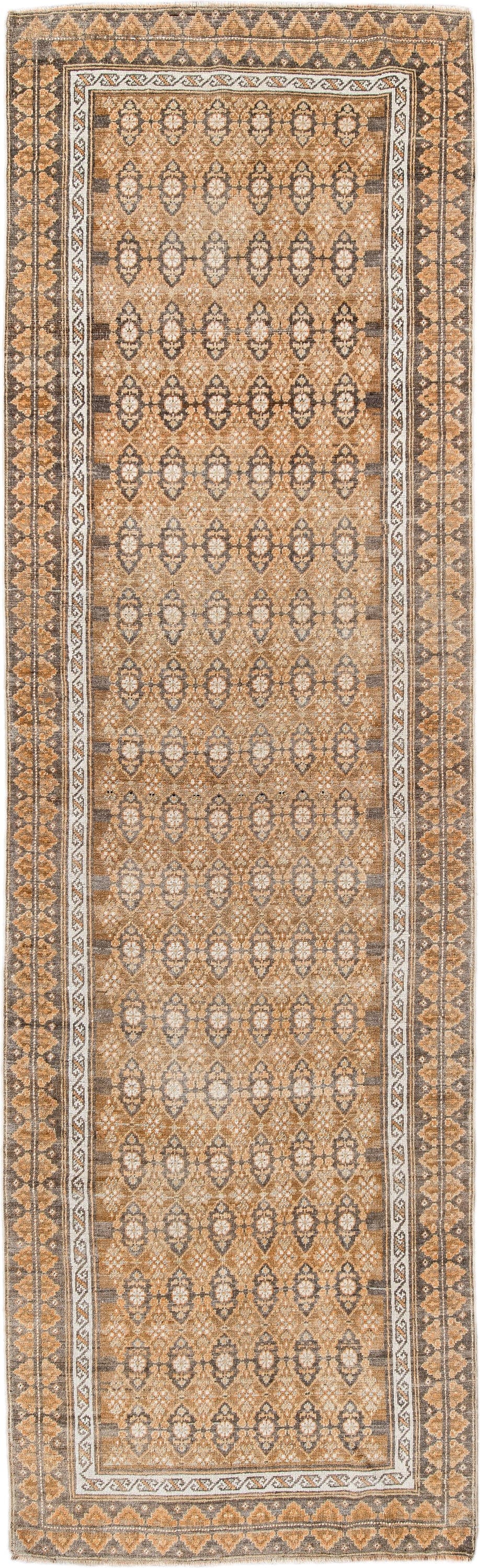 3' x 11' one-of-a-kind handmade antique Anatolian runner rug. Color palette: camel, ivory, taupe, brown, charcoal, sand