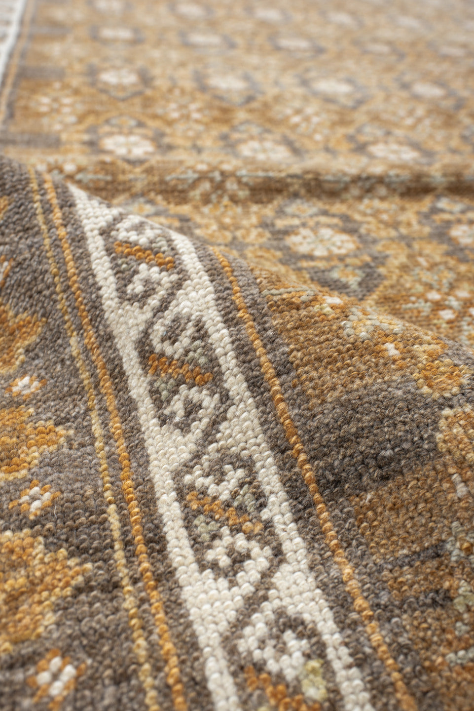 3' x 11' one-of-a-kind handmade vintage Anatol runner rug. Color palette: brown, gray, light gray, linen, off-white