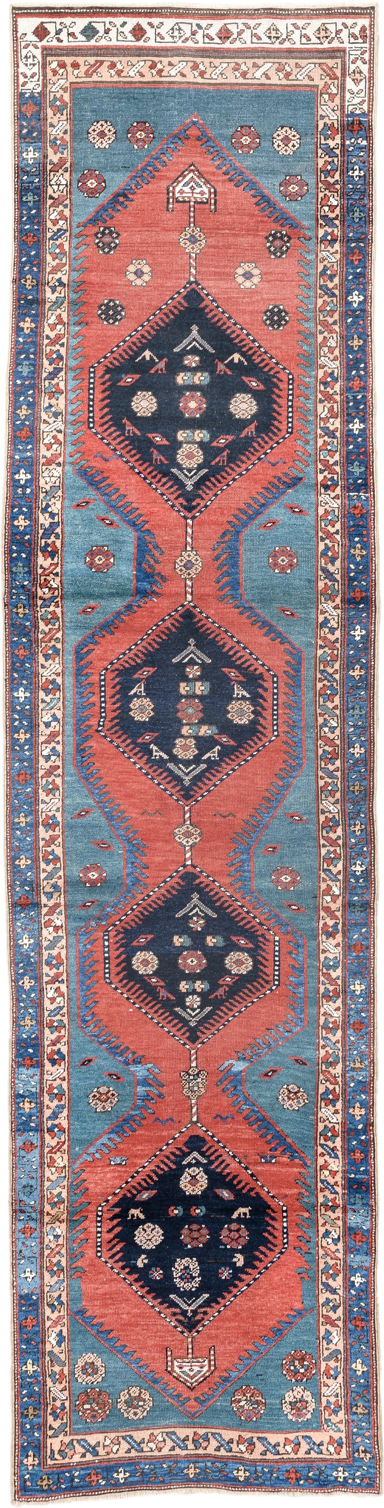 3' x 13' one-of-a-kind handmade antique NW Persian runner rug. Color palette: blue, coral, navy, ivory, rust, slate