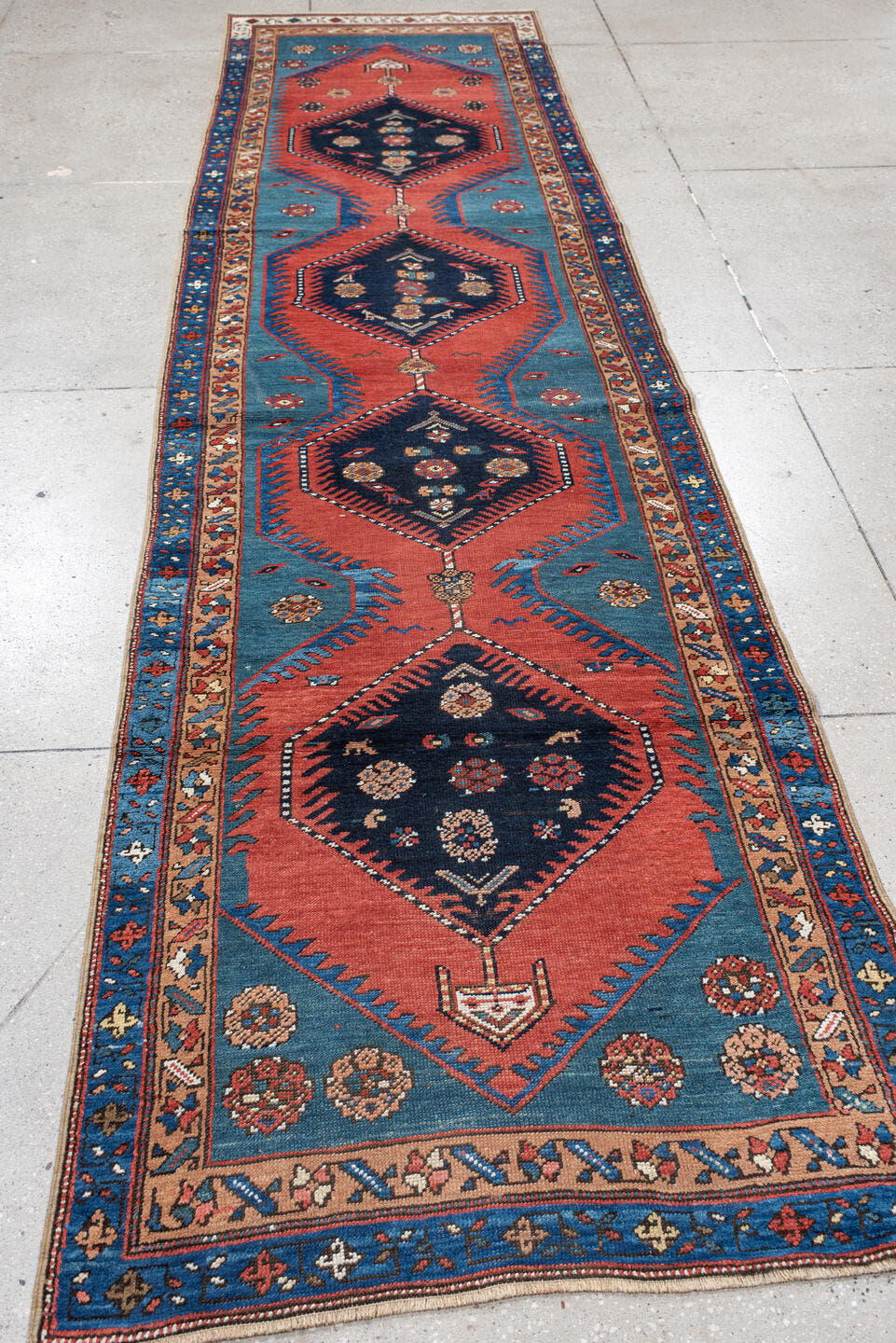 3' x 13' one-of-a-kind handmade antique NW Persian runner rug. Color palette: blue, coral, navy, ivory, rust, slate