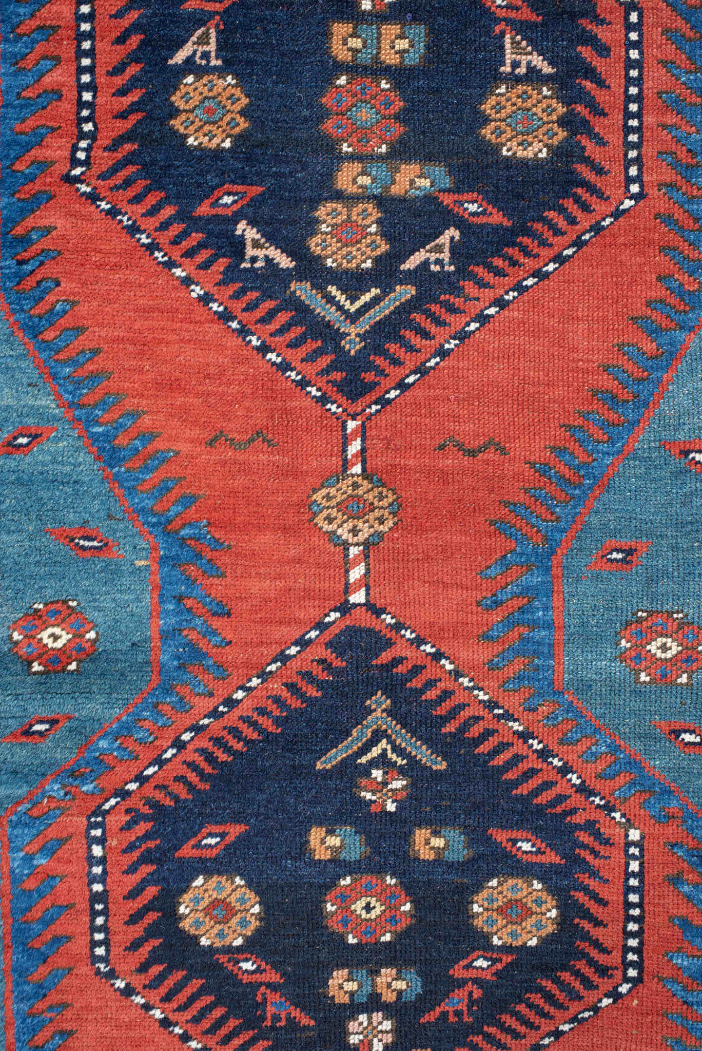 3' x 13' one-of-a-kind handmade antique NW Persian runner rug. Color palette: blue, coral, navy, ivory, rust, slate